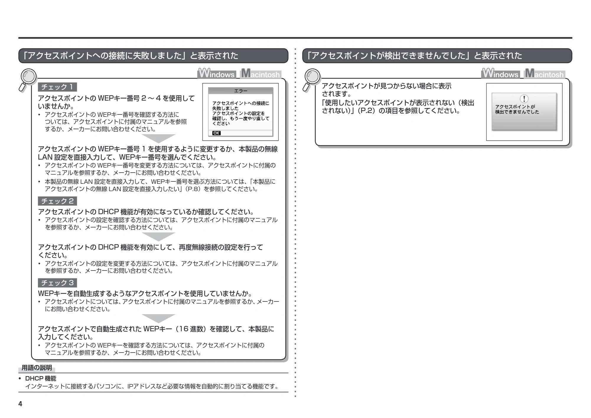 キヤノン PIXUS MP560 ネットワーク設置で困ったときには (PDF形式/2.68Mバイト) — 「アクセスポイントへの接続に失敗しました」と表示された — 原本ページ — 6ページ
