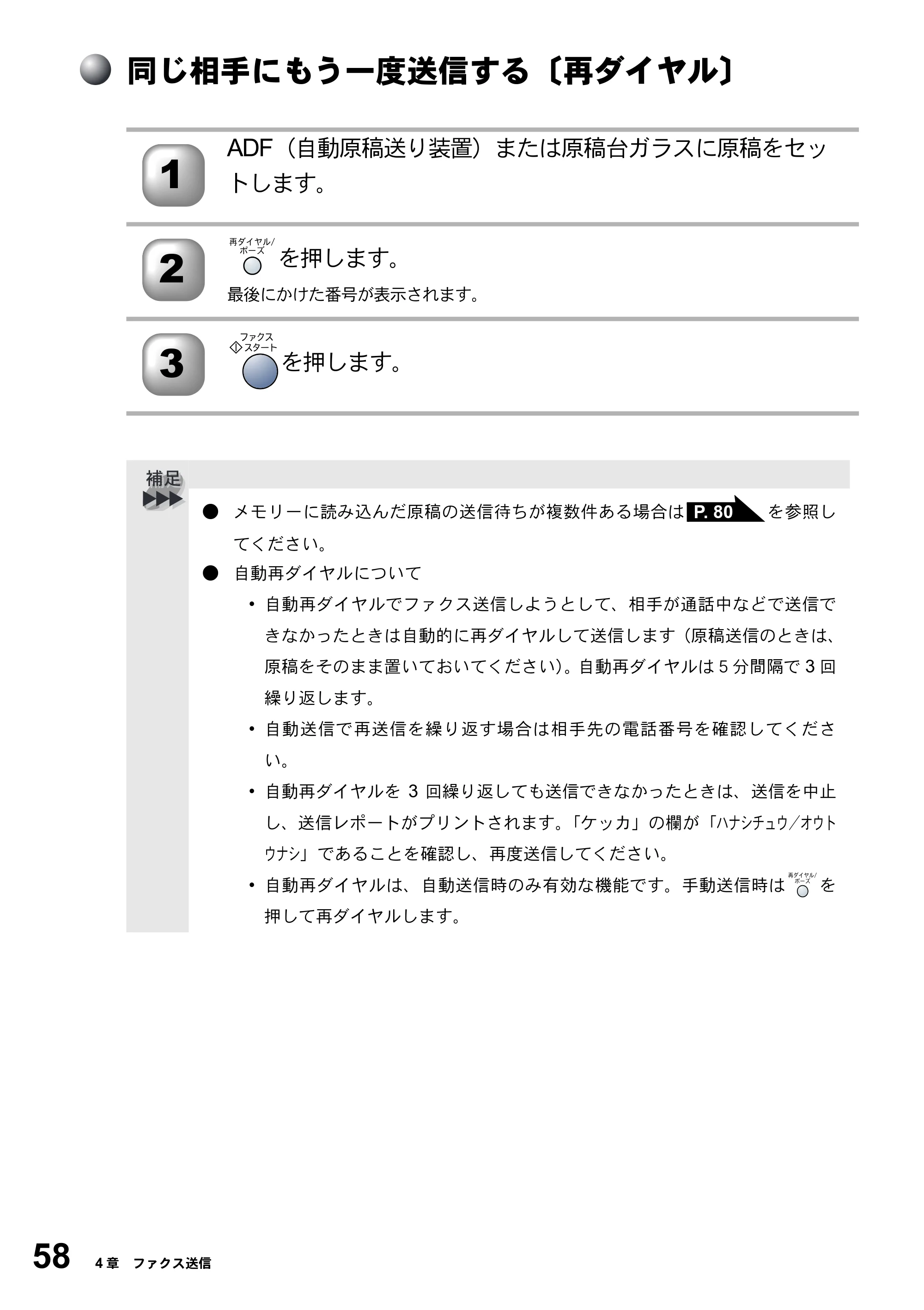 ブラザー MFC-5200J 取扱説明書（本体） — 同じ相手にもう一度送信する〔再ダイヤル〕 — 原本ページ — 84ページ