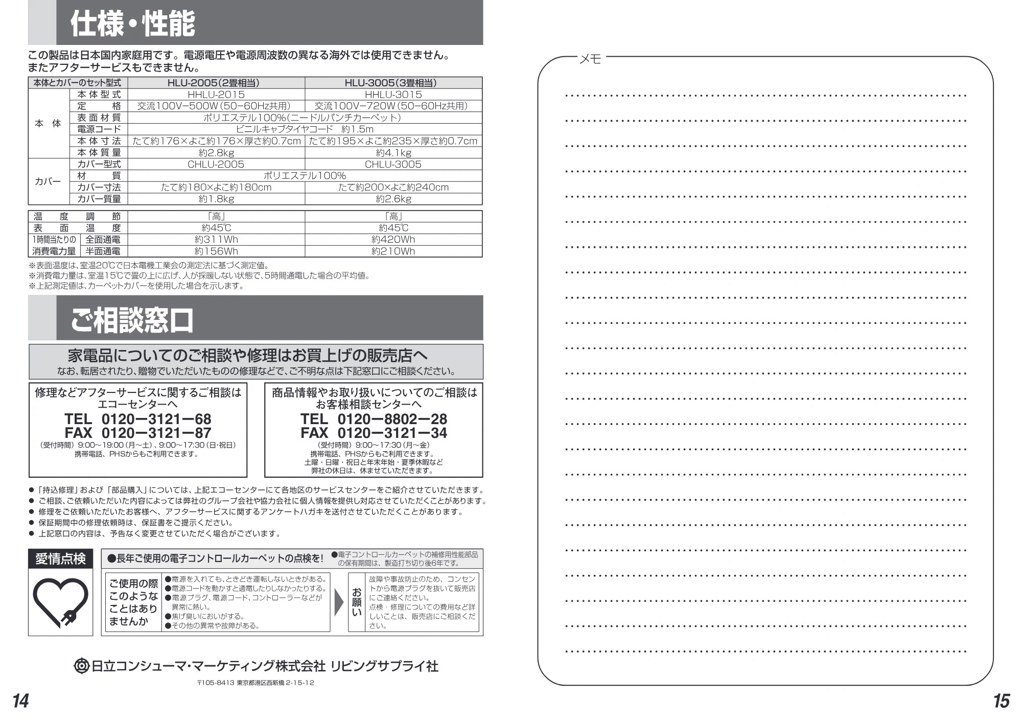 日立 HLU-3005 / HLU-2005 取扱説明書 — 仙日立コンシューマ・マーケティング株式会社リビングサプライ社 — 原本ページ — 8ページ