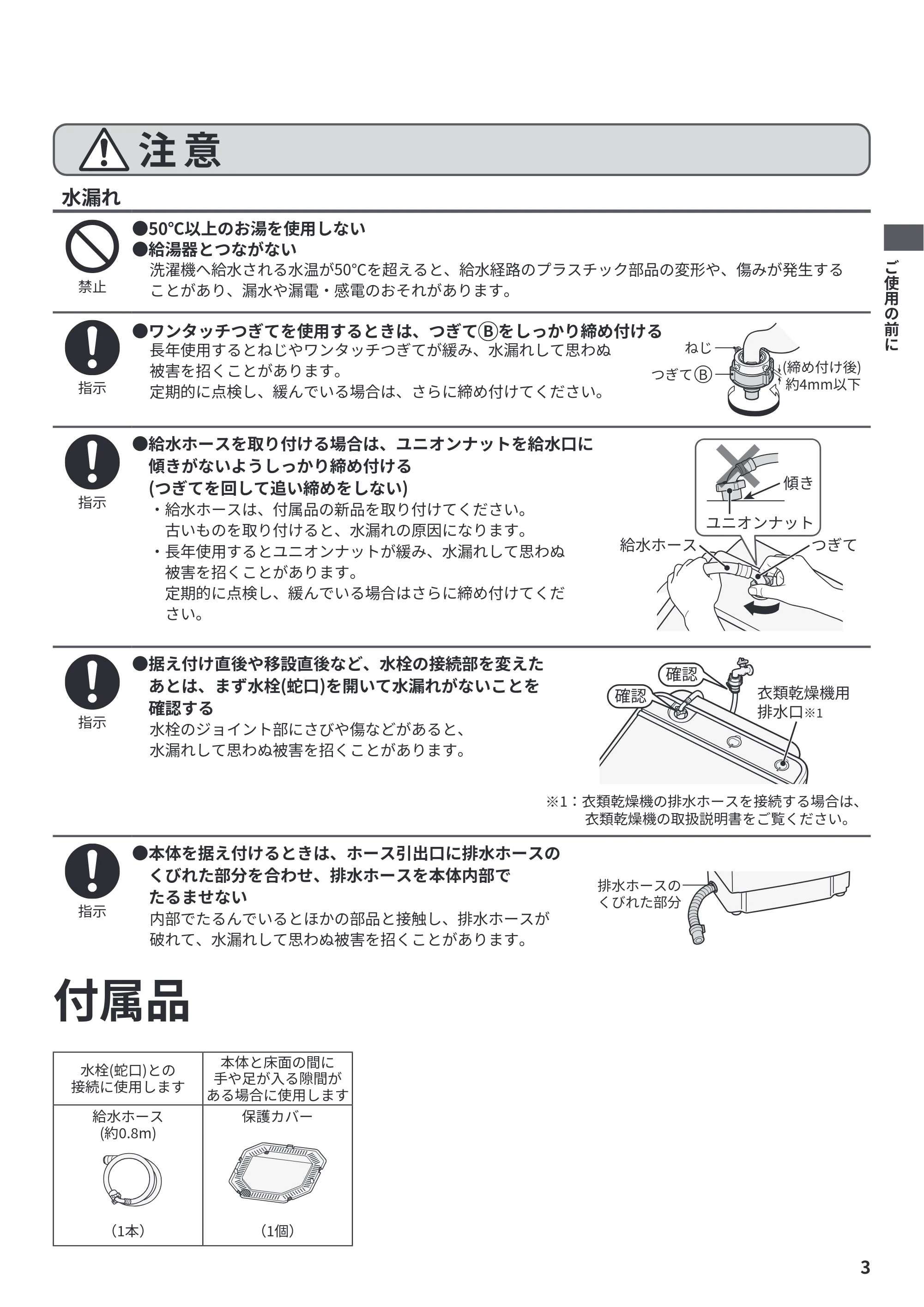 日立 BW-V70P / BW-V70PE6 / BW-G70P 据付説明書 — 付属品 — 原本ページ — 3ページ