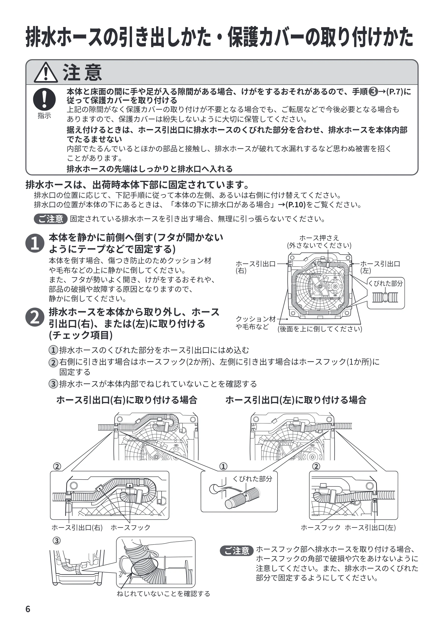 日立 BW-V70P / BW-V70PE6 / BW-G70P 据付説明書 — 排水ホースの引き出しかた・保護カバーの取り付けかた — 図版 6-1 — 6ページ