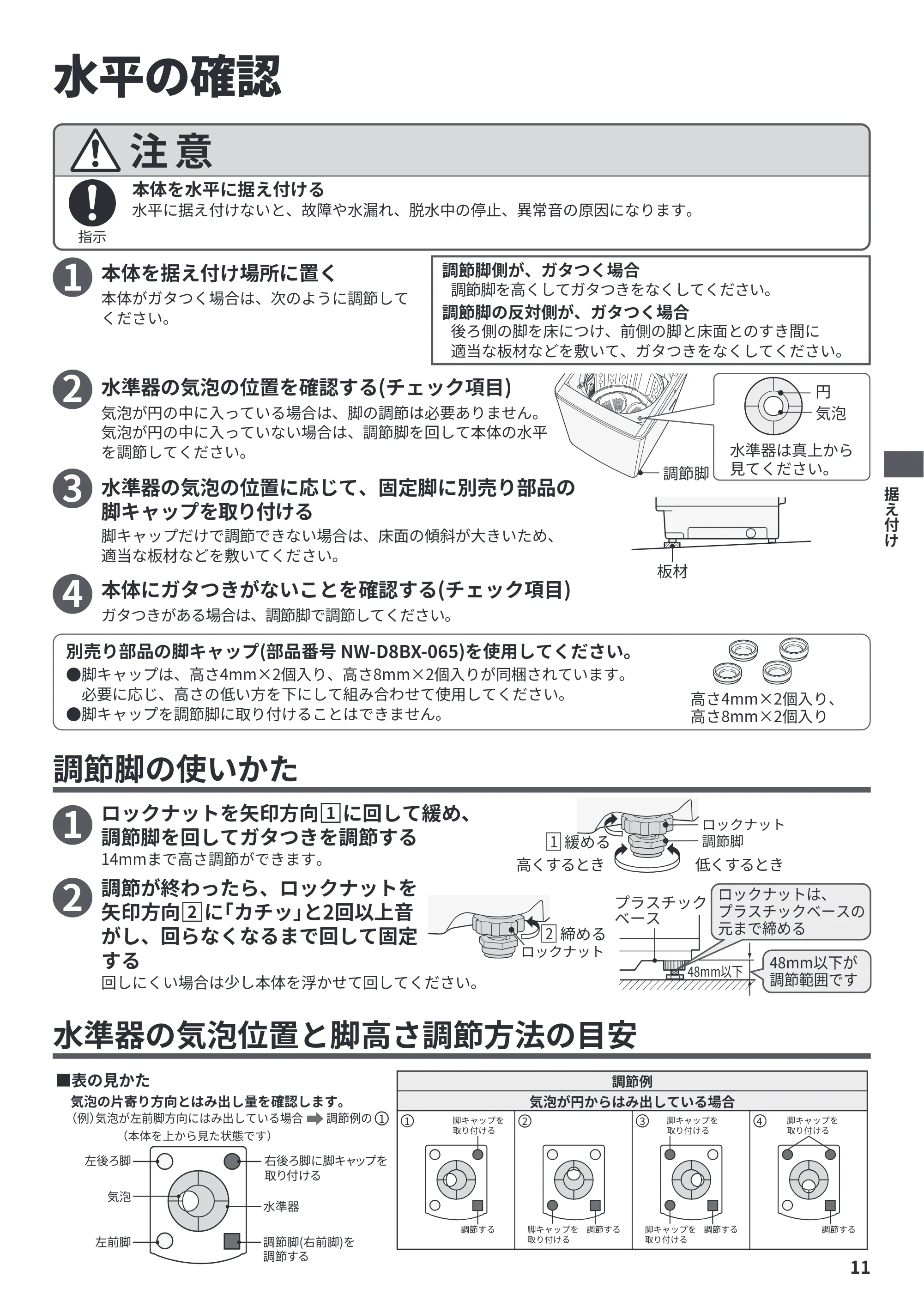 日立 BW-V70P / BW-V70PE6 / BW-G70P 据付説明書 — 水平の確認 — 原本ページ — 11ページ