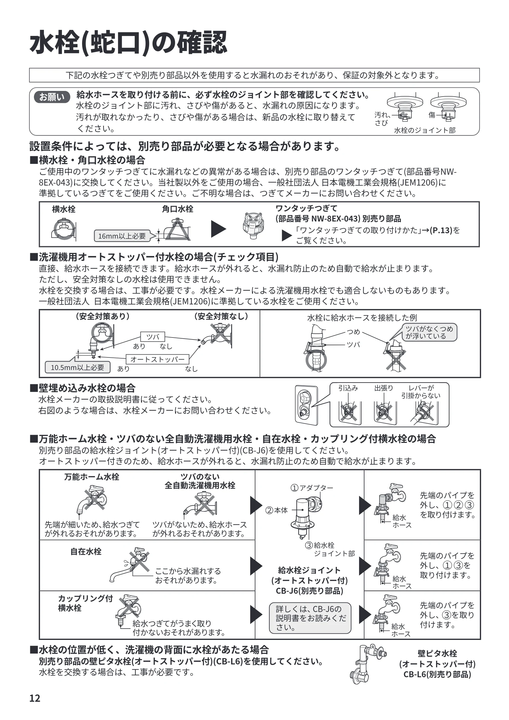 日立 BW-V70P / BW-V70PE6 / BW-G70P 据付説明書 — 水栓(蛇口)の確認 — 図版 12-1 — 12ページ