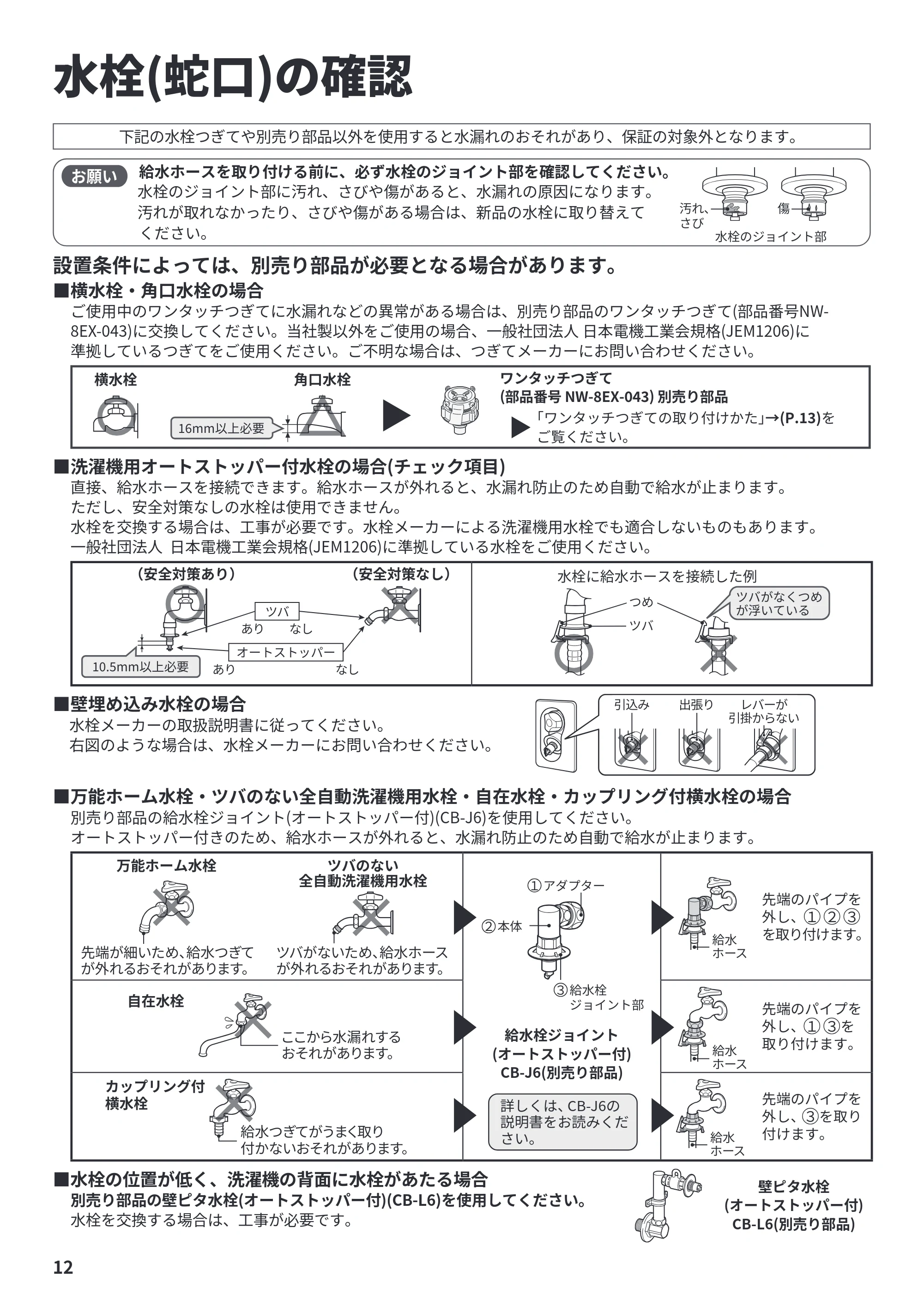 日立 BW-V70P / BW-V70PE6 / BW-G70P 据付説明書 — 水栓(蛇口)の確認 — 原本ページ — 12ページ