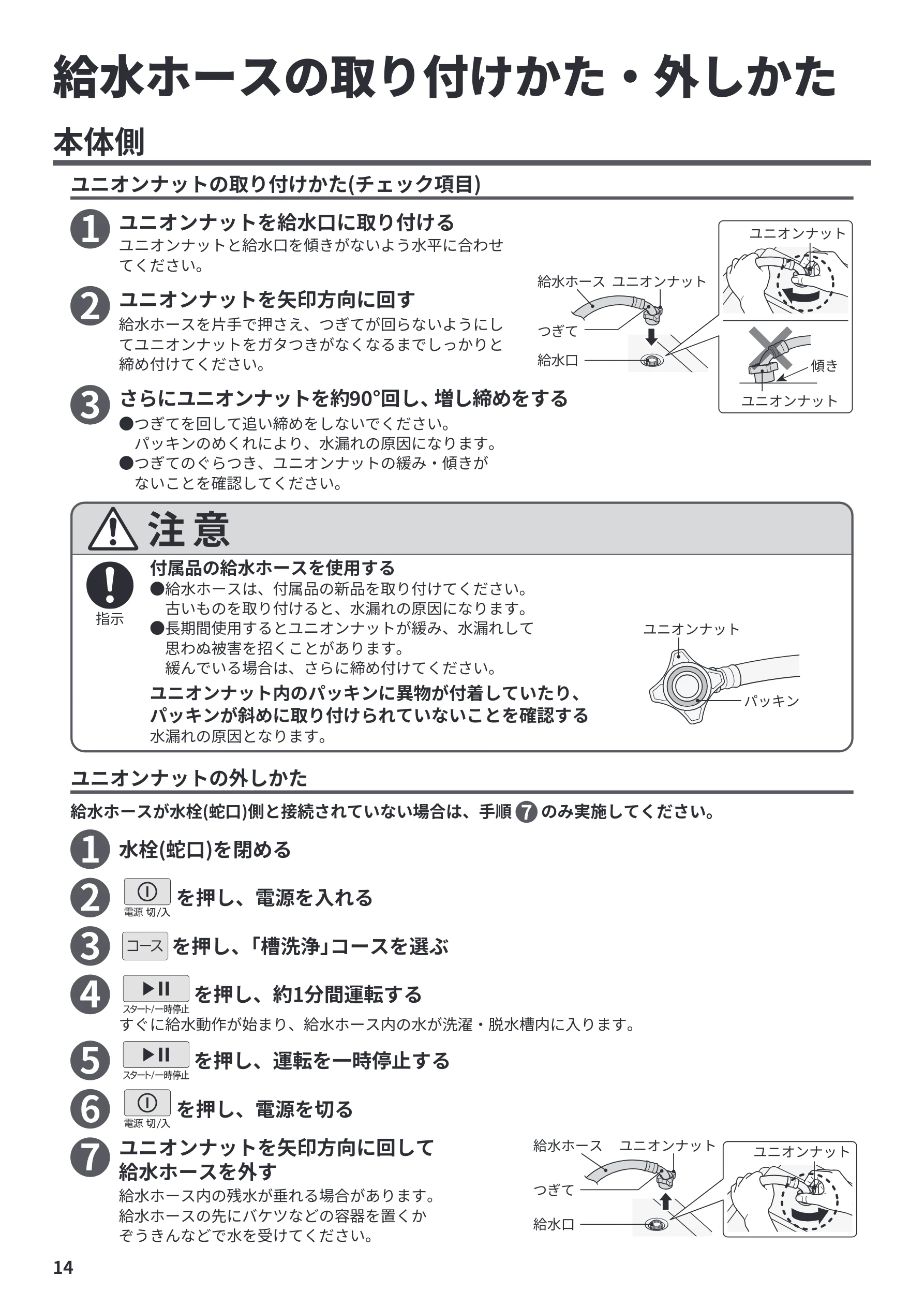 日立 BW-V70P / BW-V70PE6 / BW-G70P 据付説明書 — 給水ホースの取り付けかた・外しかた — 図版 14-1 — 14ページ