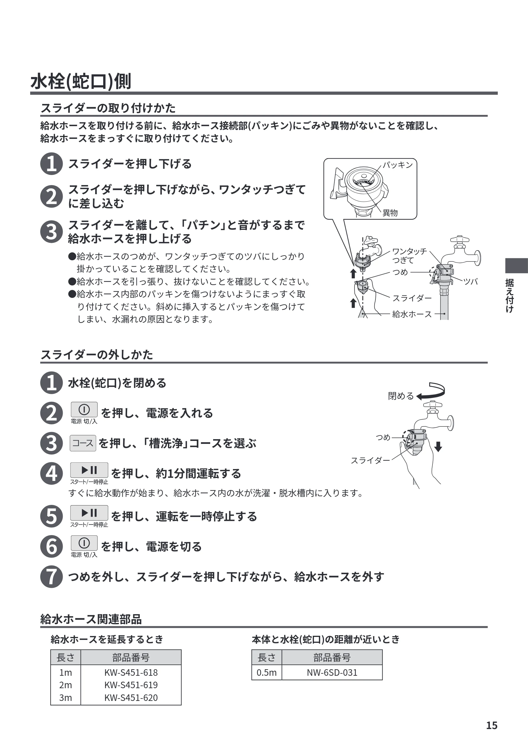 日立 BW-V70P / BW-V70PE6 / BW-G70P 据付説明書 — 水栓(蛇口)側 — 図版 15-1 — 15ページ