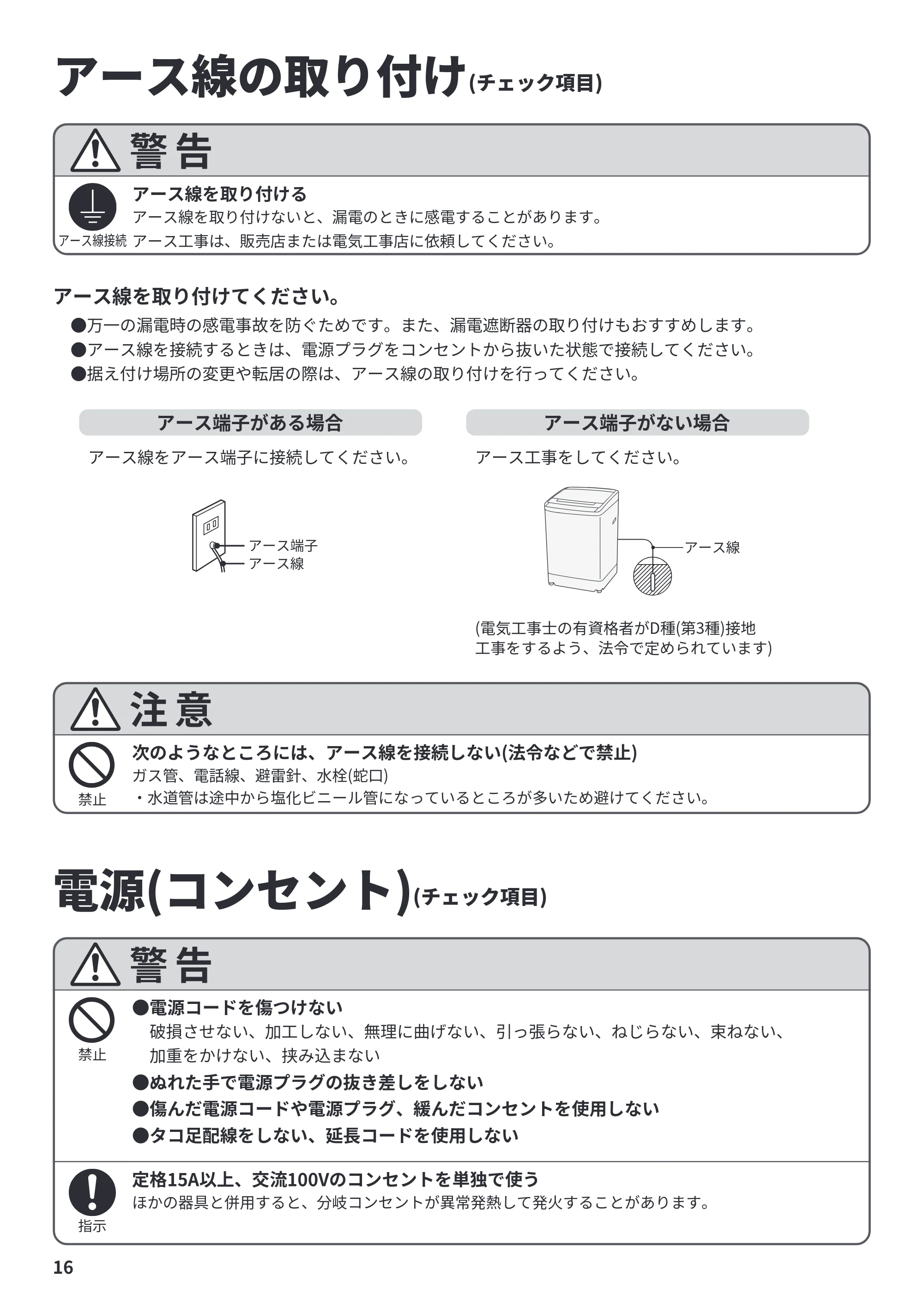 日立 BW-V70P / BW-V70PE6 / BW-G70P 据付説明書 — アース線の取り付け — 原本ページ — 16ページ