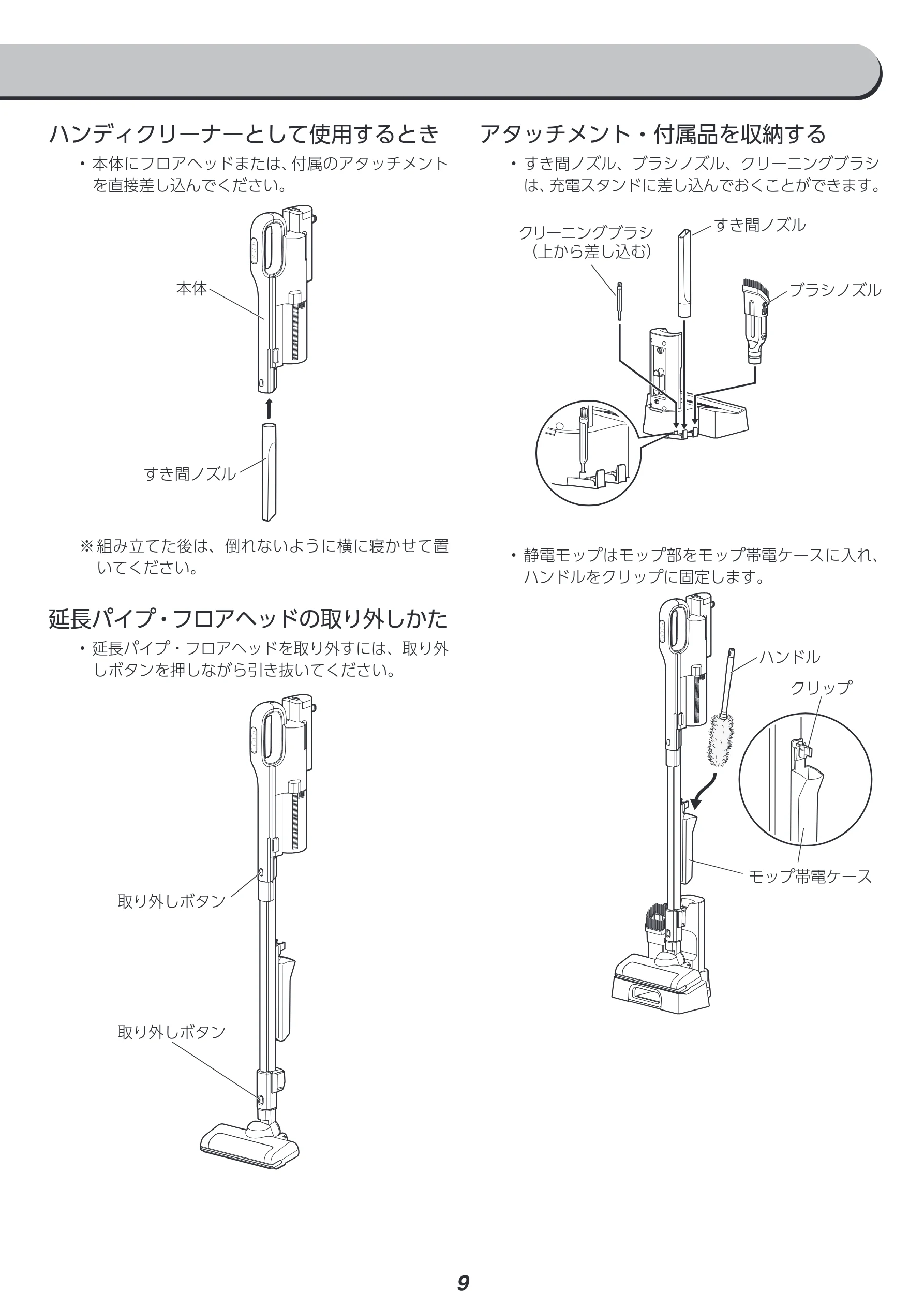 アイリスオーヤマ SCD-L2P 取扱説明書 — アタッチメント・付属品を収納する — 図版 9-1 — 9ページ