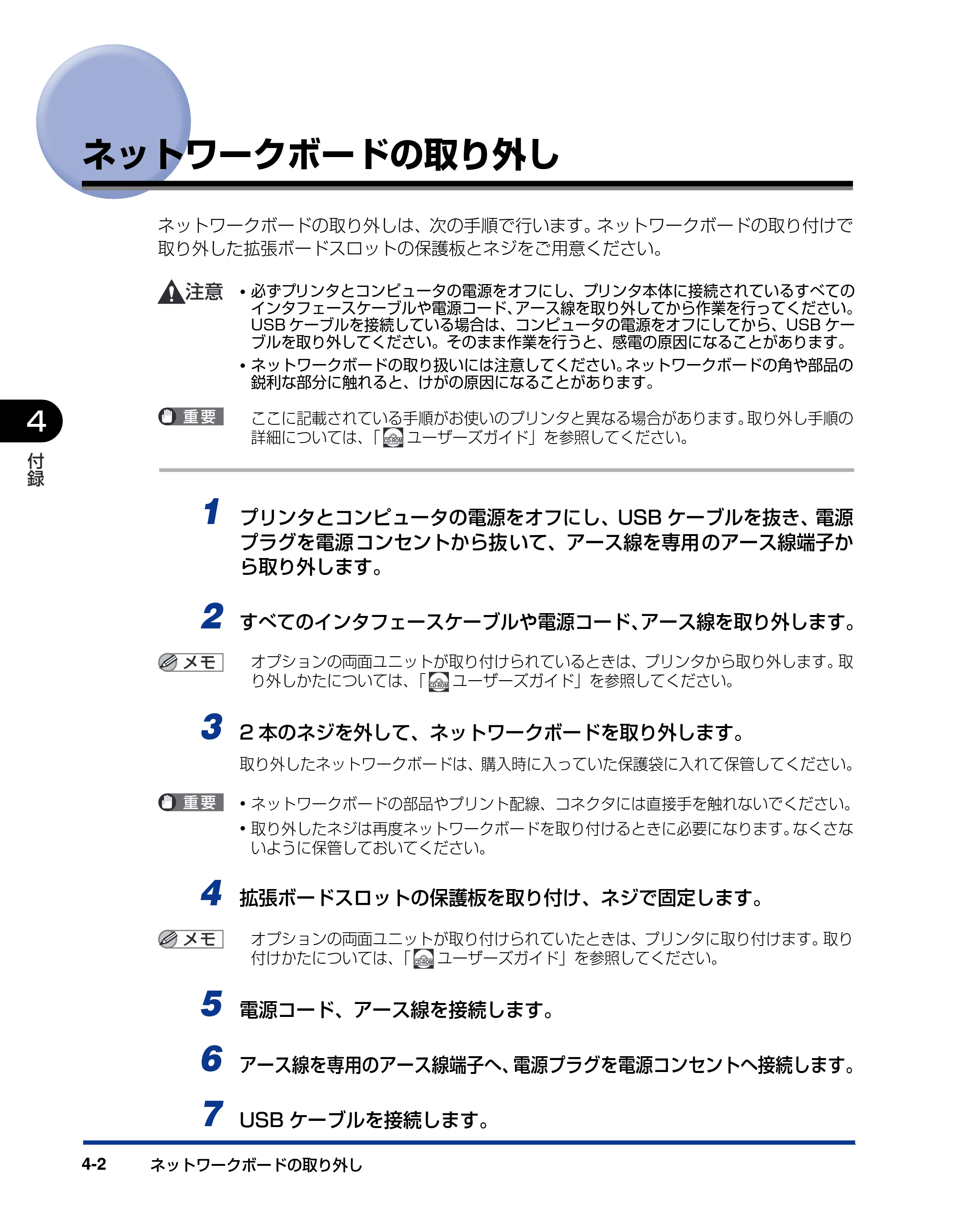 キヤノン LBP5600 ネットワークガイド/スタート編 2006年4月18日掲載 (PDF形式/2.29Mバイト) — ネットワークボードの取り外し — 原本ページ — 54ページ