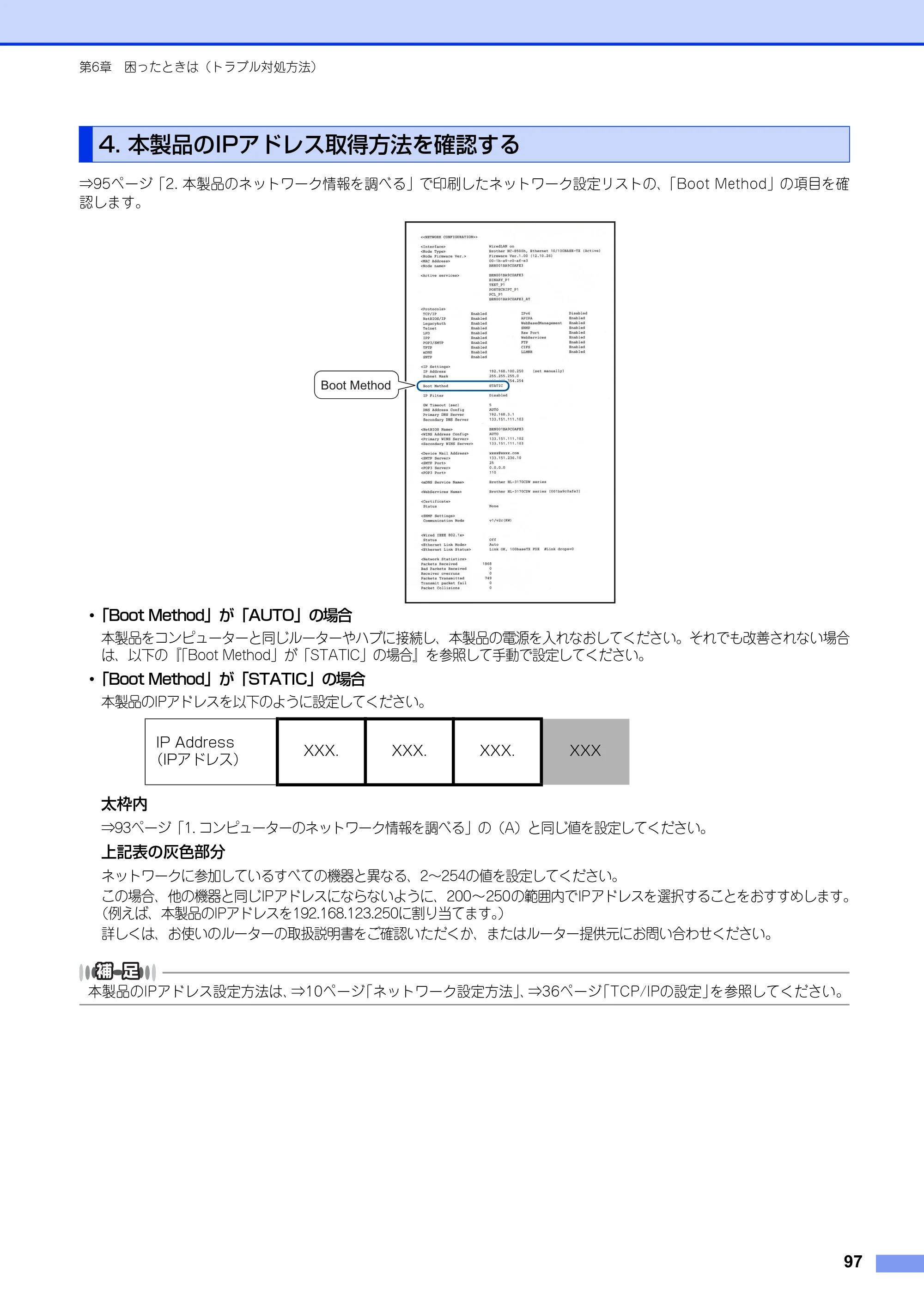 ブラザー HL-3140CW / HL-3170CDW ユーザーズガイド ～ネットワーク編～ — 4. 本製品のIPアドレス取得方法を確認する — 原本ページ — 98ページ