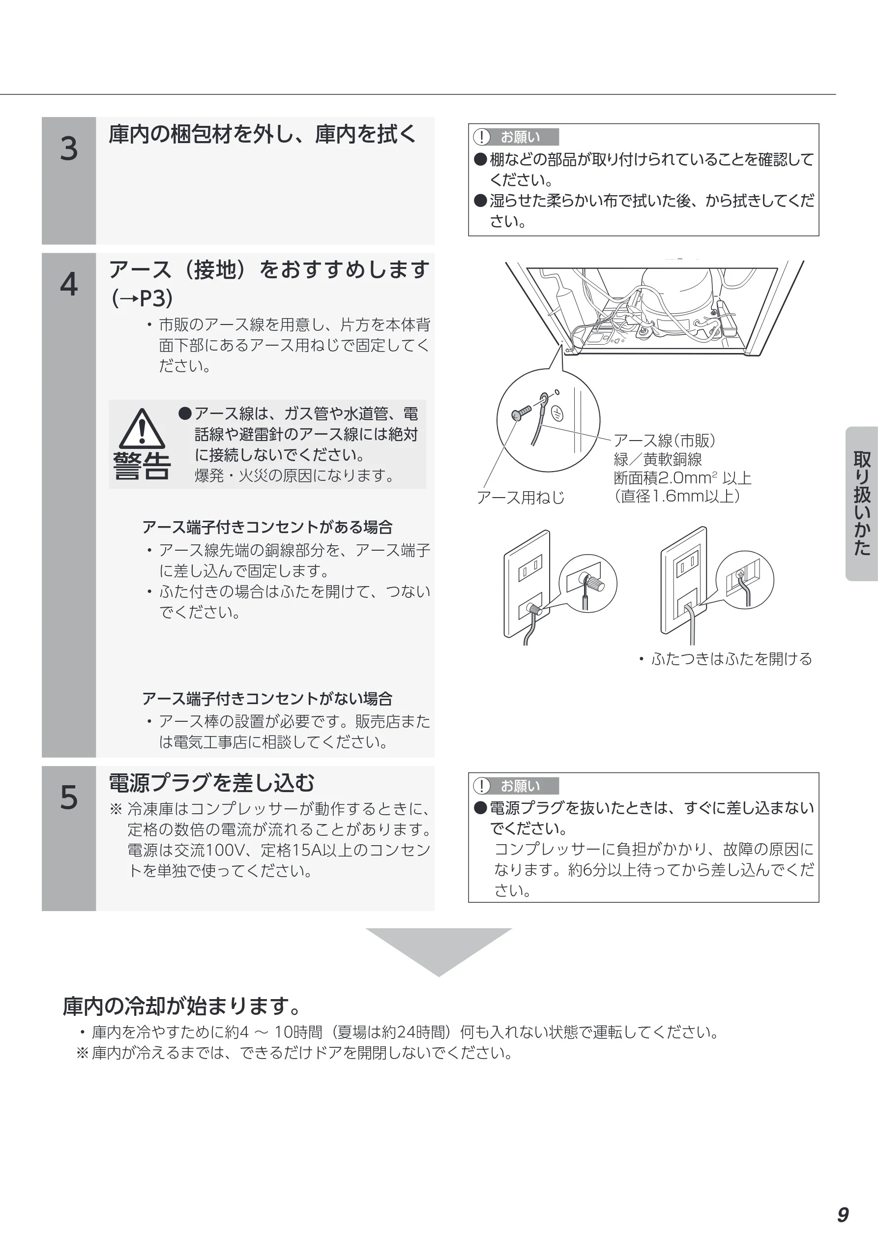 アイリスオーヤマ KUSN-S12A 取扱説明書 — 4 アース(接地)をおすすめします (→P3) — 図版 9-1 — 9ページ