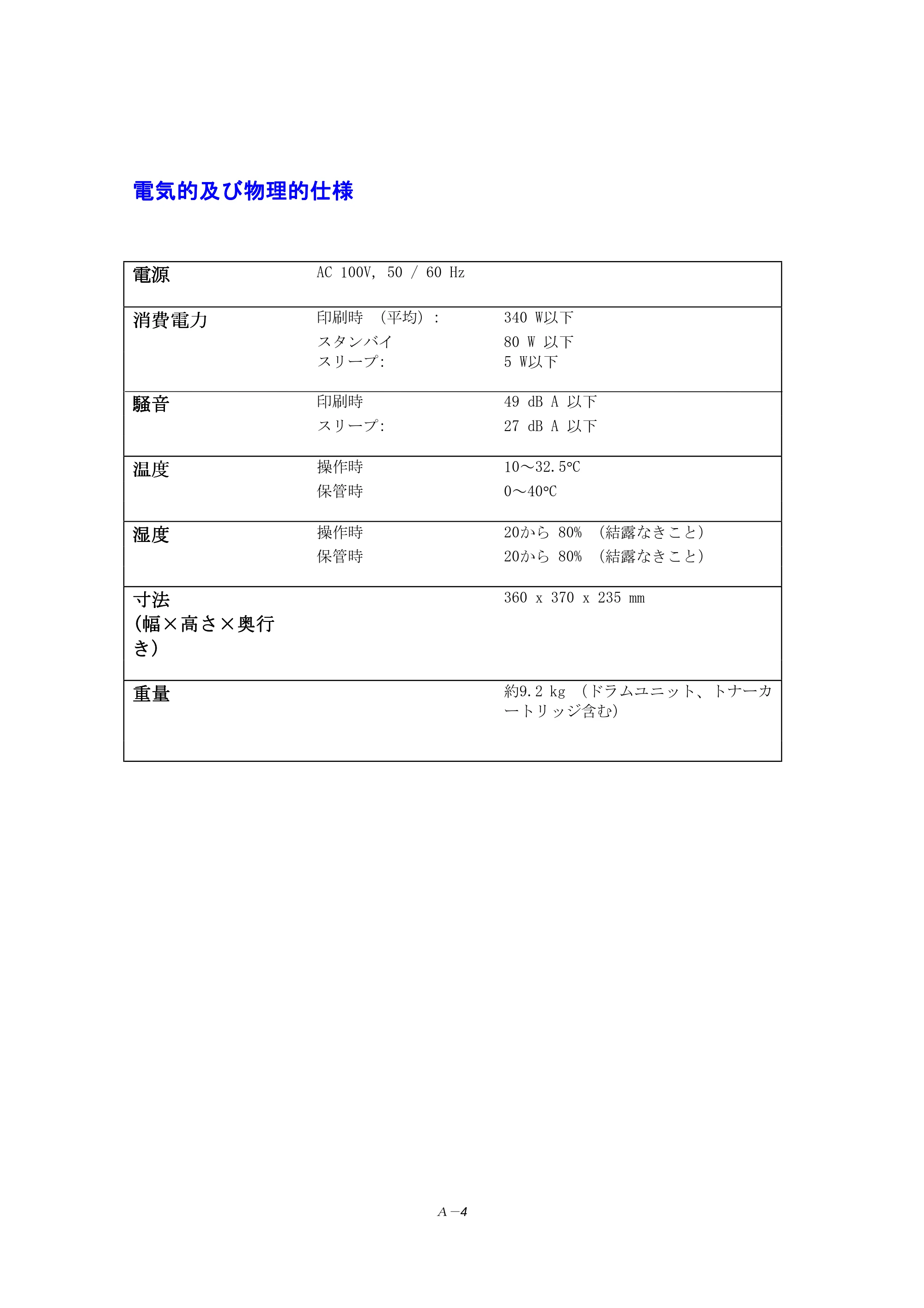 ブラザー HL-1240 取扱説明書（本体） — 電気的及び物理的仕様 — 原本ページ — 93ページ