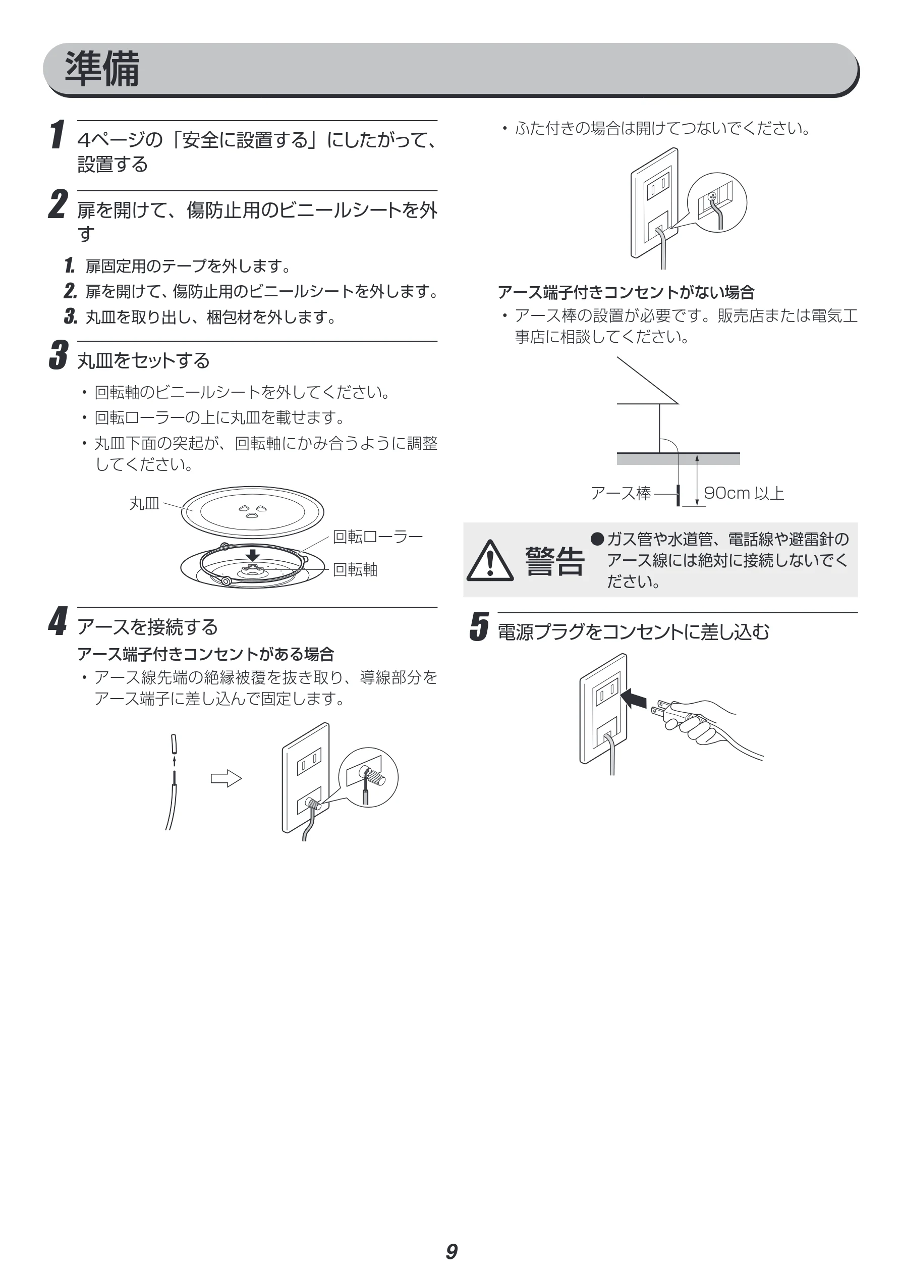 アイリスオーヤマ IMG-T177 取扱説明書 — 1 4ページの「安全に設置する」にしたがって、 設置する 2 扉を開けて、傷防止用のビニールシートを外 す — 図版 9-1 — 9ページ