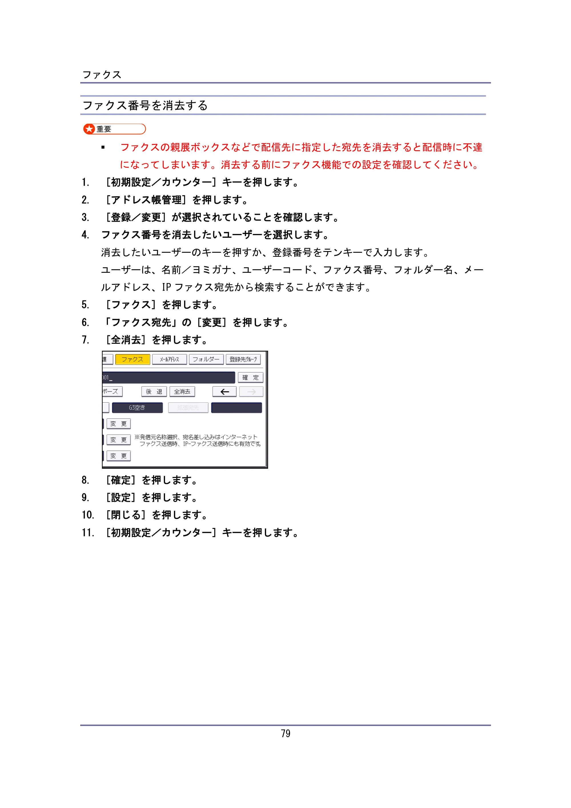 キヤノン iR W940/W940N ユーザーガイド （PDF形式／6.08Mバイト） — ファクス番号を消去する — 原本ページ — 79ページ