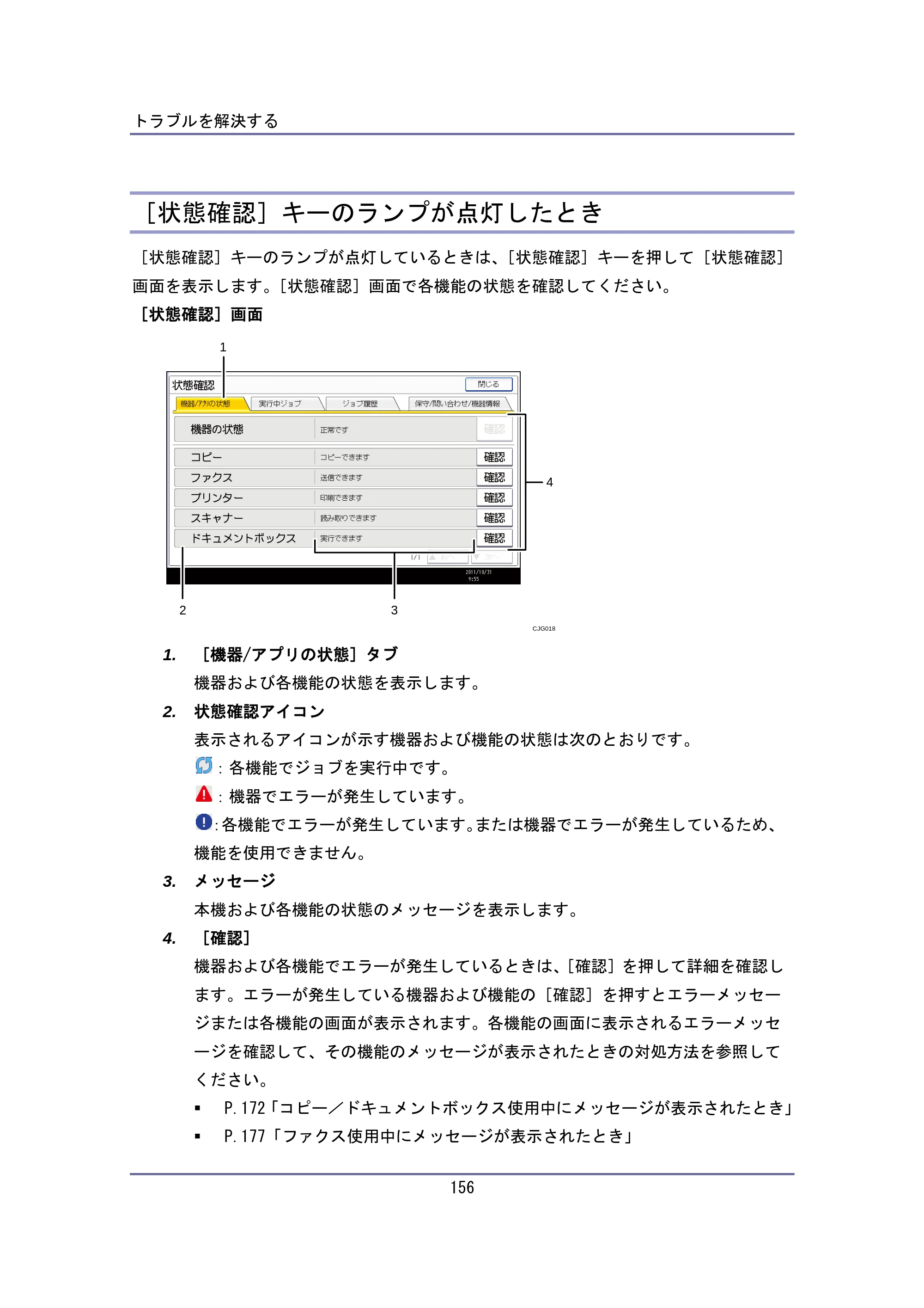 キヤノン iR W940/W940N ユーザーガイド （PDF形式／6.08Mバイト） — ［状態確認］キーのランプが点灯したとき — 原本ページ — 156ページ