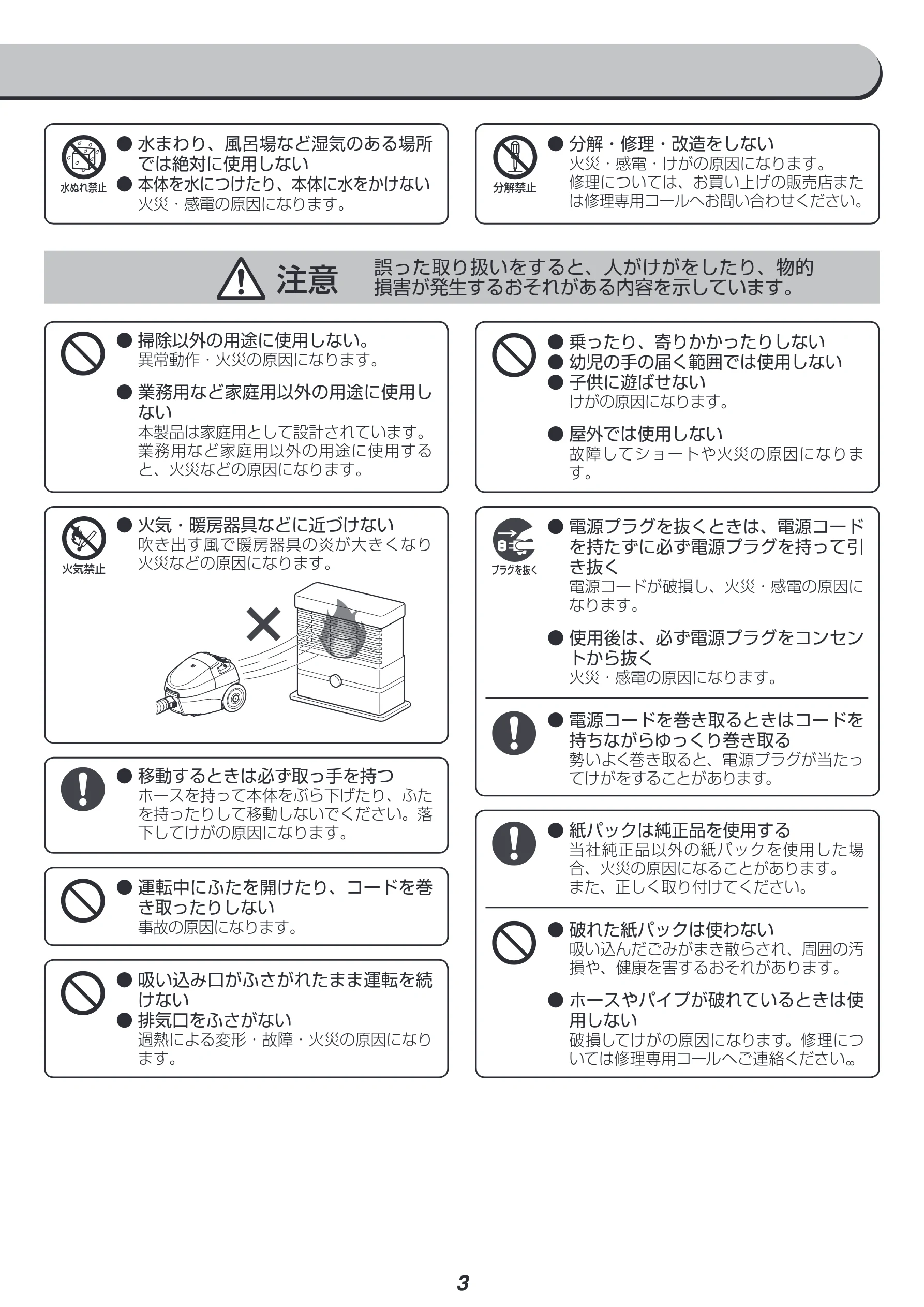 アイリスオーヤマ IC-B102 取扱説明書 — 注意 誤った取り扱いをすると、人がけがをしたり、物的 損害が発生するおそれがある内容を示しています。 — 図版 3-1 — 3ページ