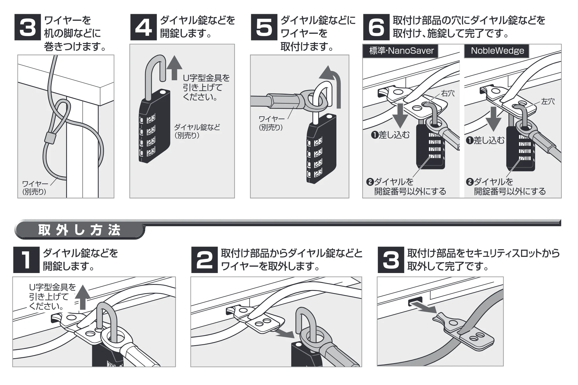 サンワサプライ 202-SL111-3 / 202-SL111-1 / 202-SL111-4 取扱説明書 — 取付け部品の穴にダイヤル錠などを 取付け、施錠して完了です。 — 原本ページ — 2ページ