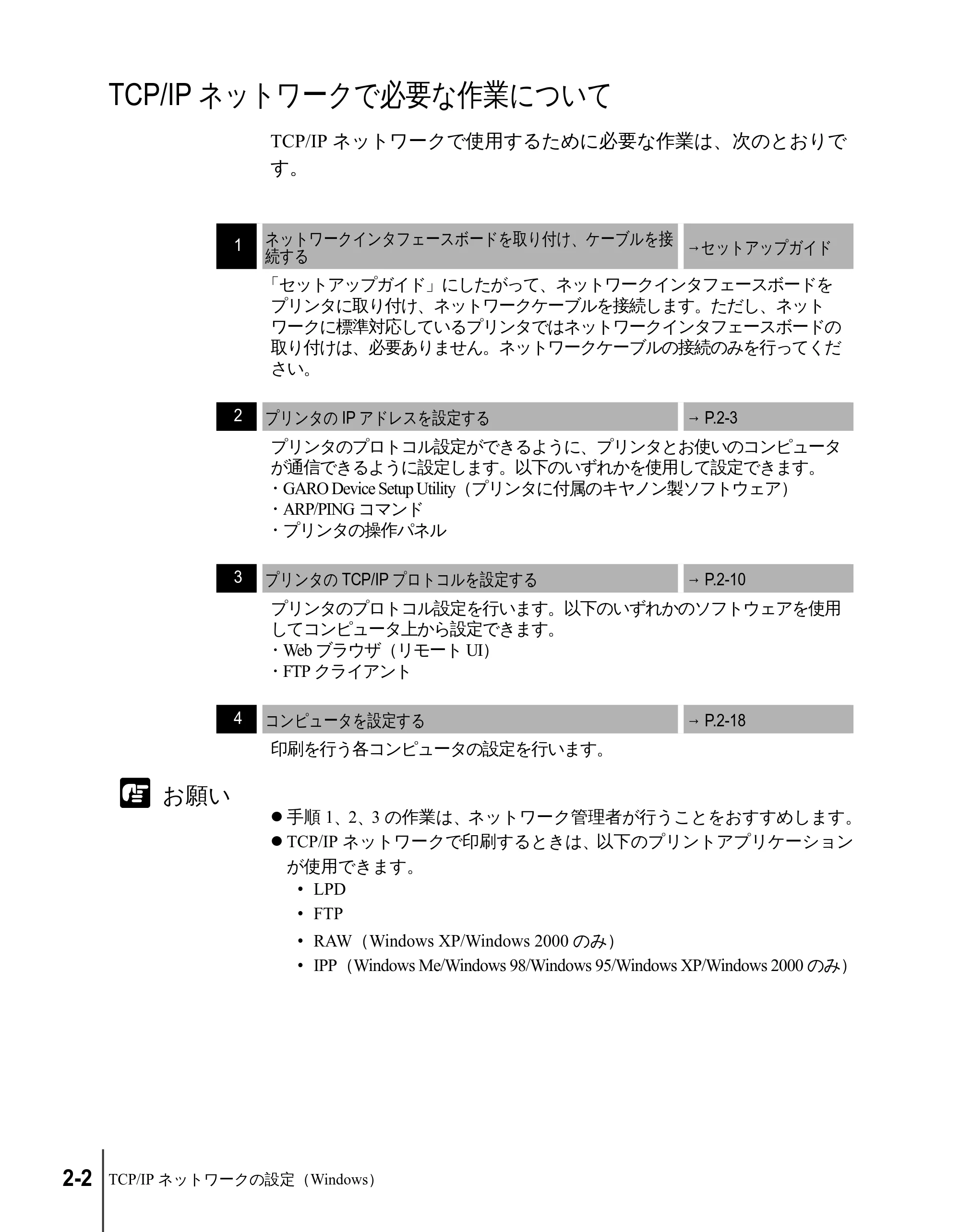 キヤノン N2100/N1100 ネットワークガイド （PDF形式／1.85Mバイト） — TCP/IPネットワークで必要な作業について — 原本ページ — 20ページ