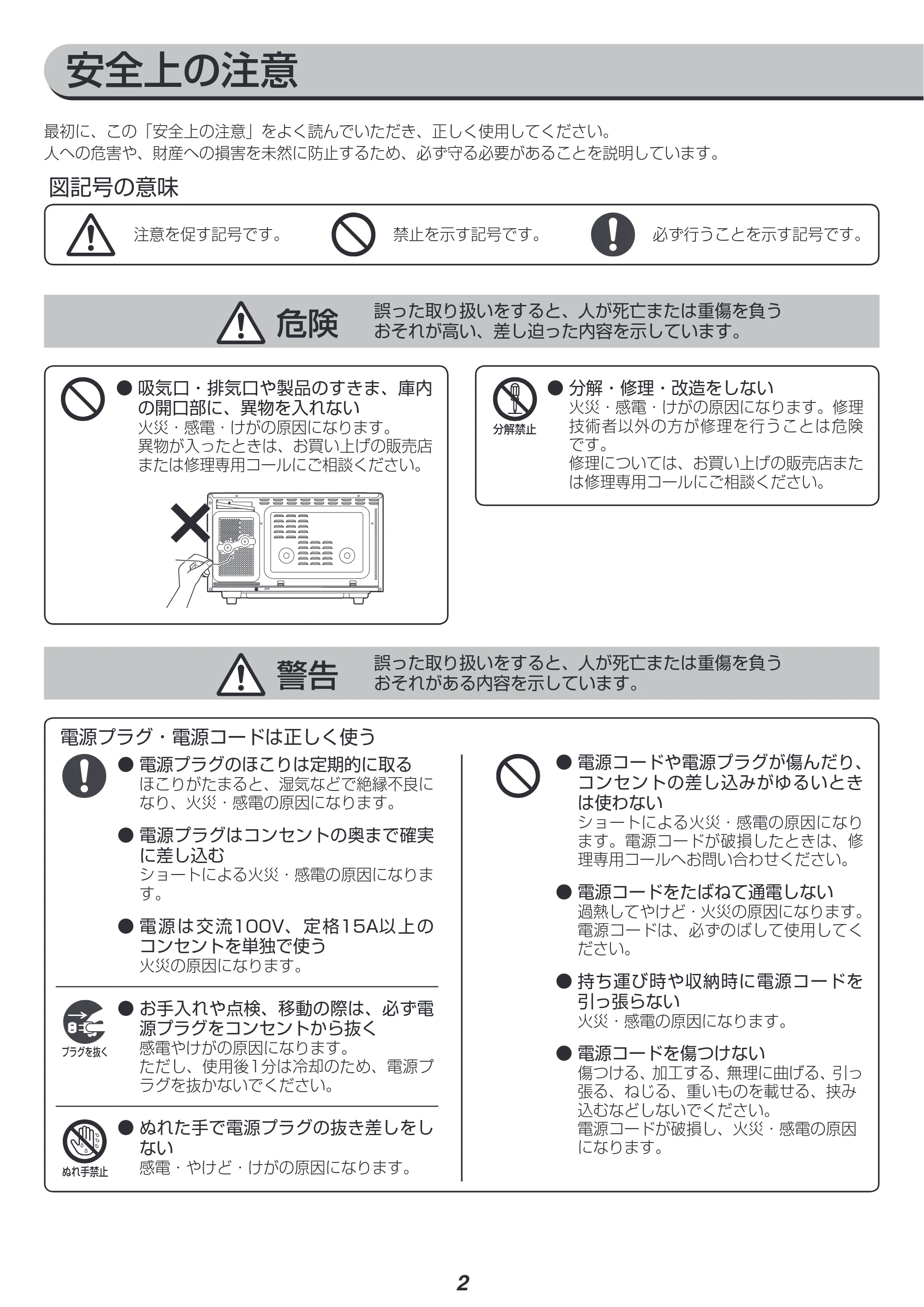 アイリスオーヤマ MO-T1603 取扱説明書 — 安全上の注意 — 原本ページ — 2ページ