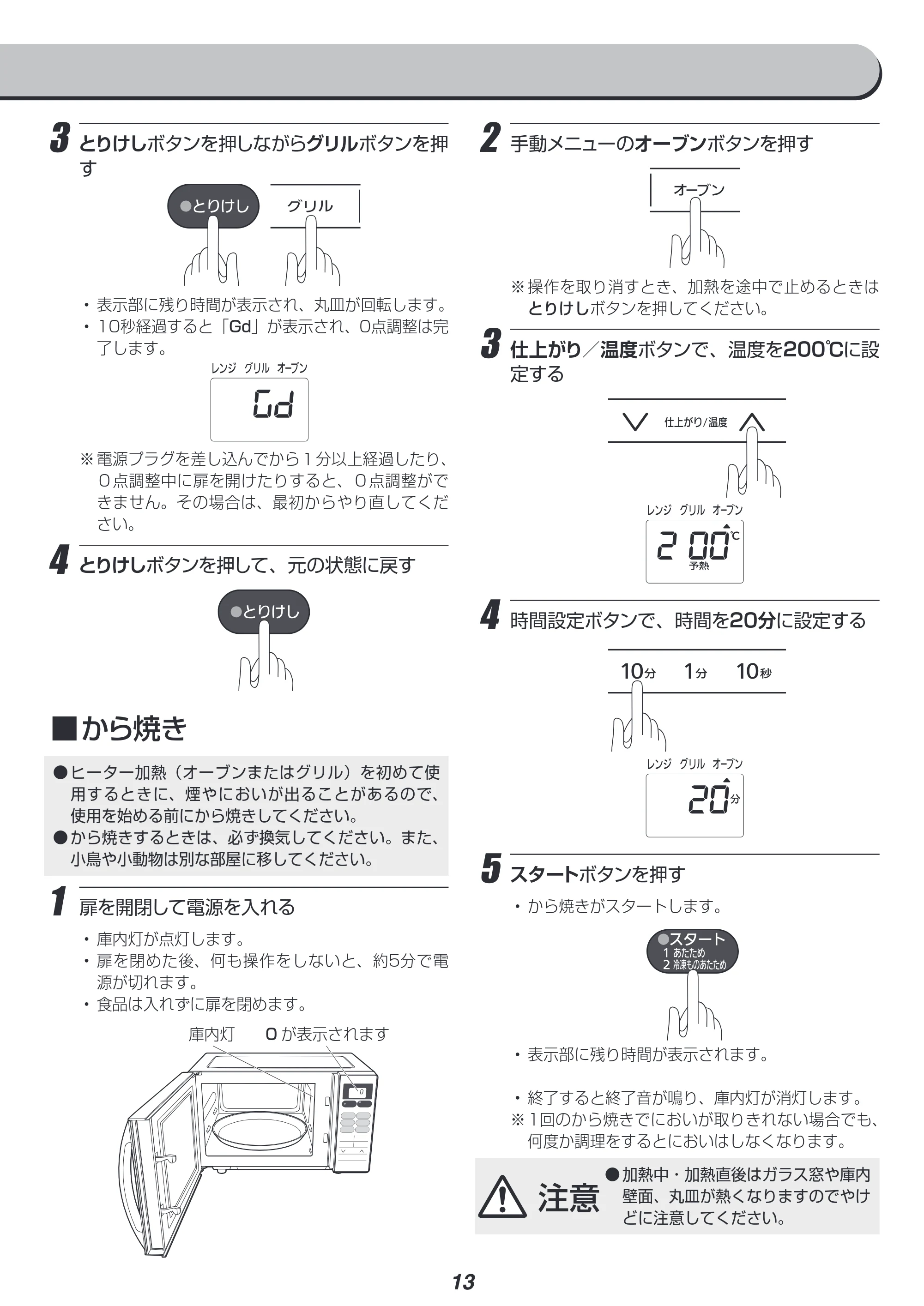アイリスオーヤマ MO-T1603 取扱説明書 — 2 手動メニューのオーブンボタンを押す — 原本ページ — 13ページ