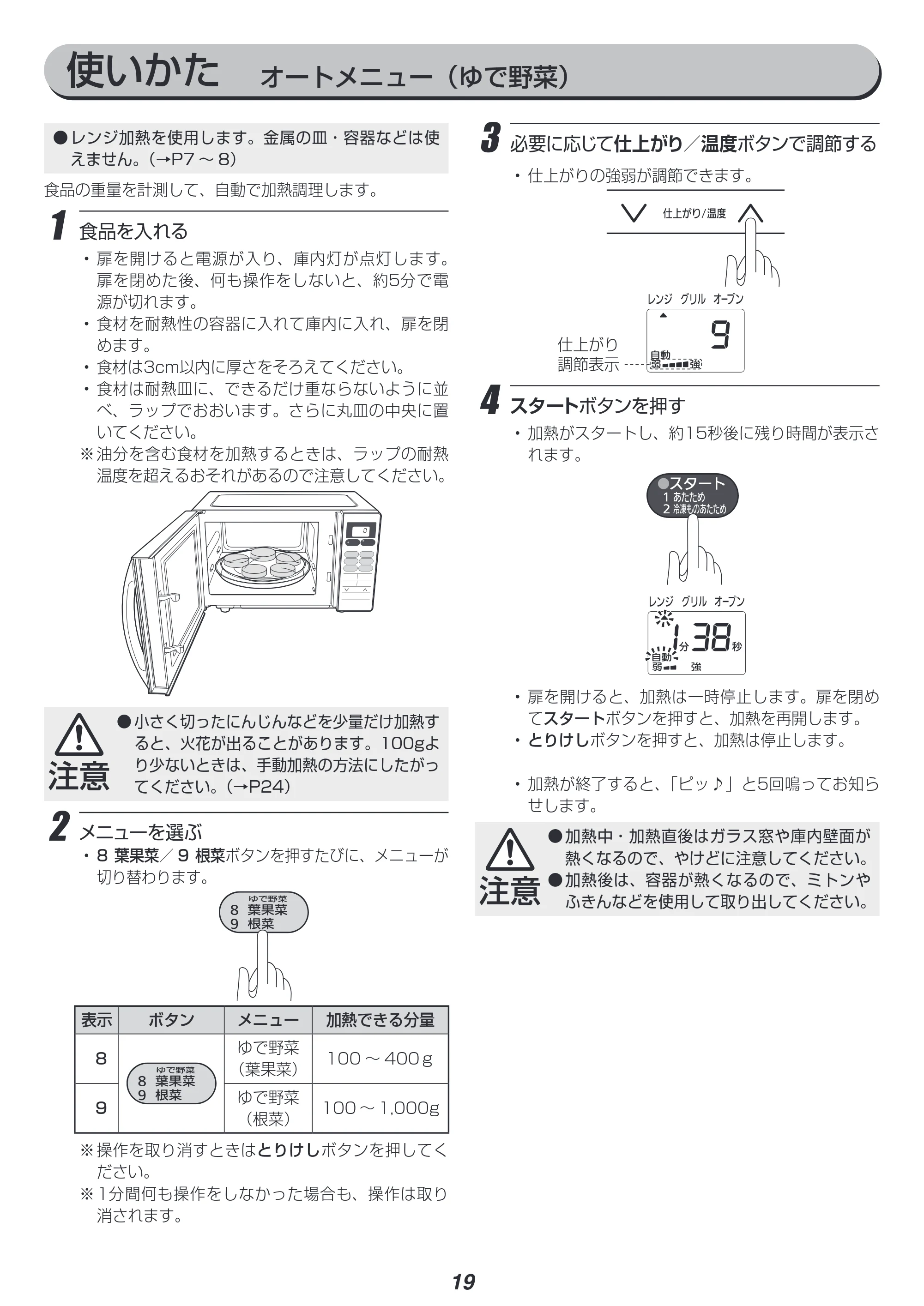 アイリスオーヤマ MO-T1603 取扱説明書 — 使いかた オートメニュー(ゆで野菜) — 原本ページ — 19ページ
