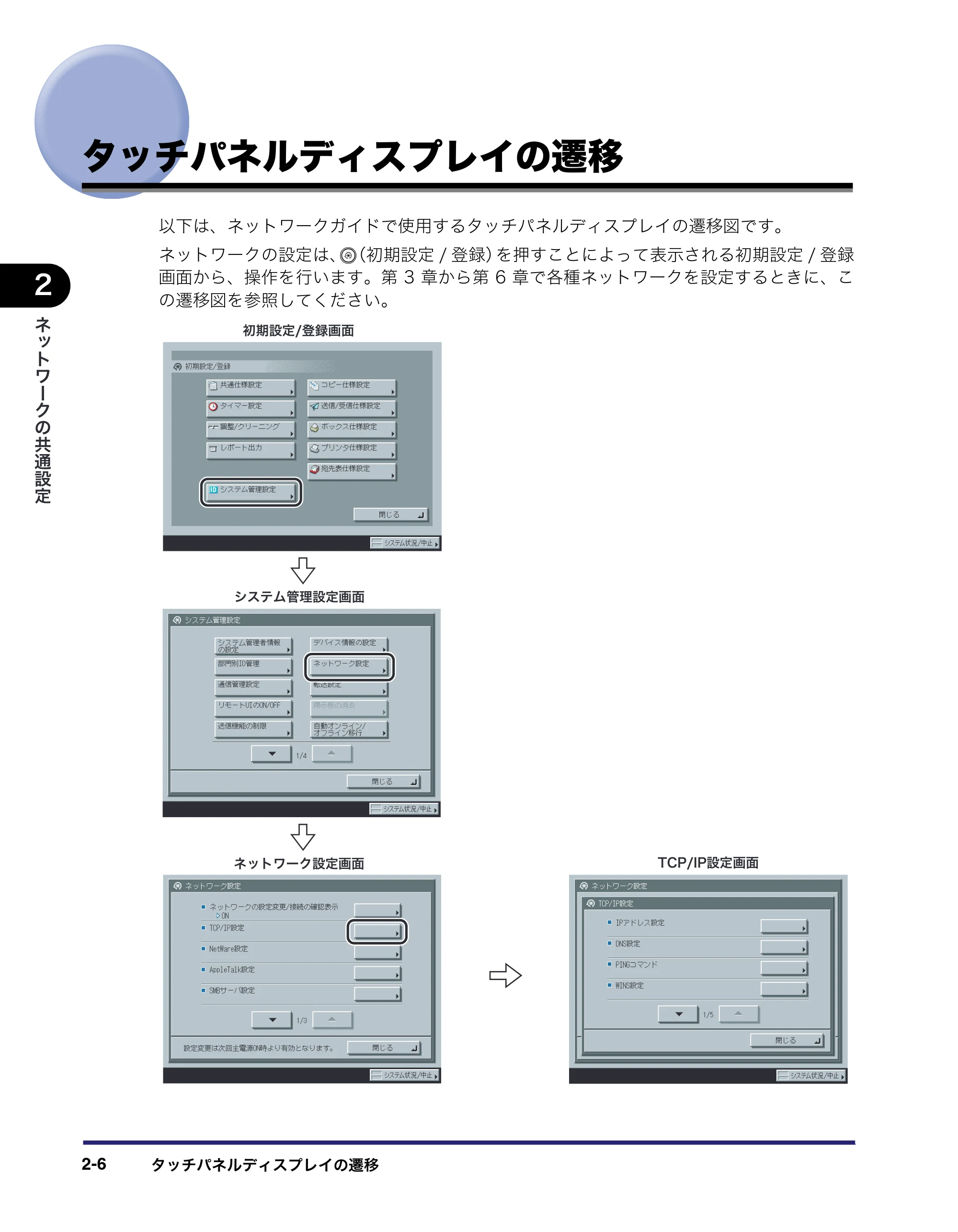 キヤノン iR3045/3045F/3035/3035F/3025/3025F ネットワークガイド (PDF形式/7.66Mバイト) — タッチパネルディスプレイの遷移 — 原本ページ — 30ページ