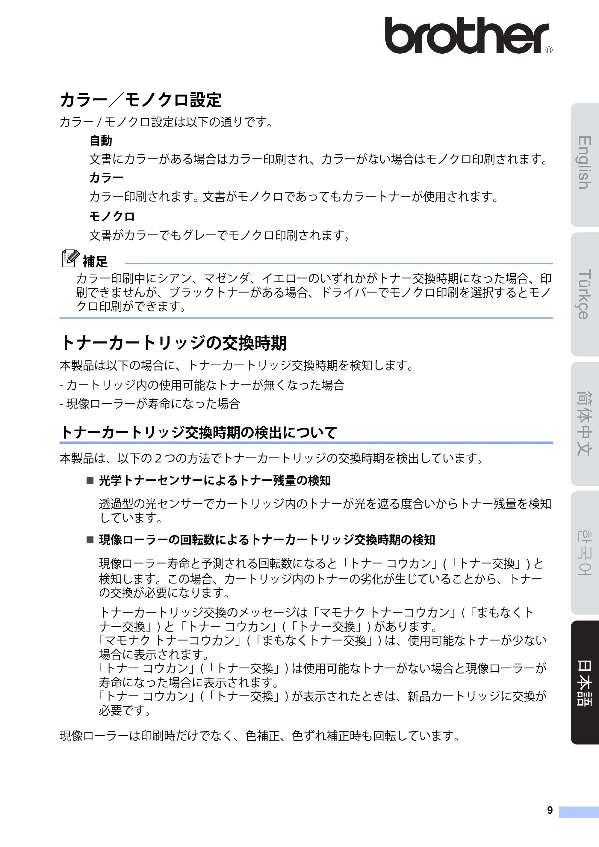 ブラザー HL-3040CN トナーカートリッジ交換時期の検出について — 日本語 — 原本ページ — 9ページ