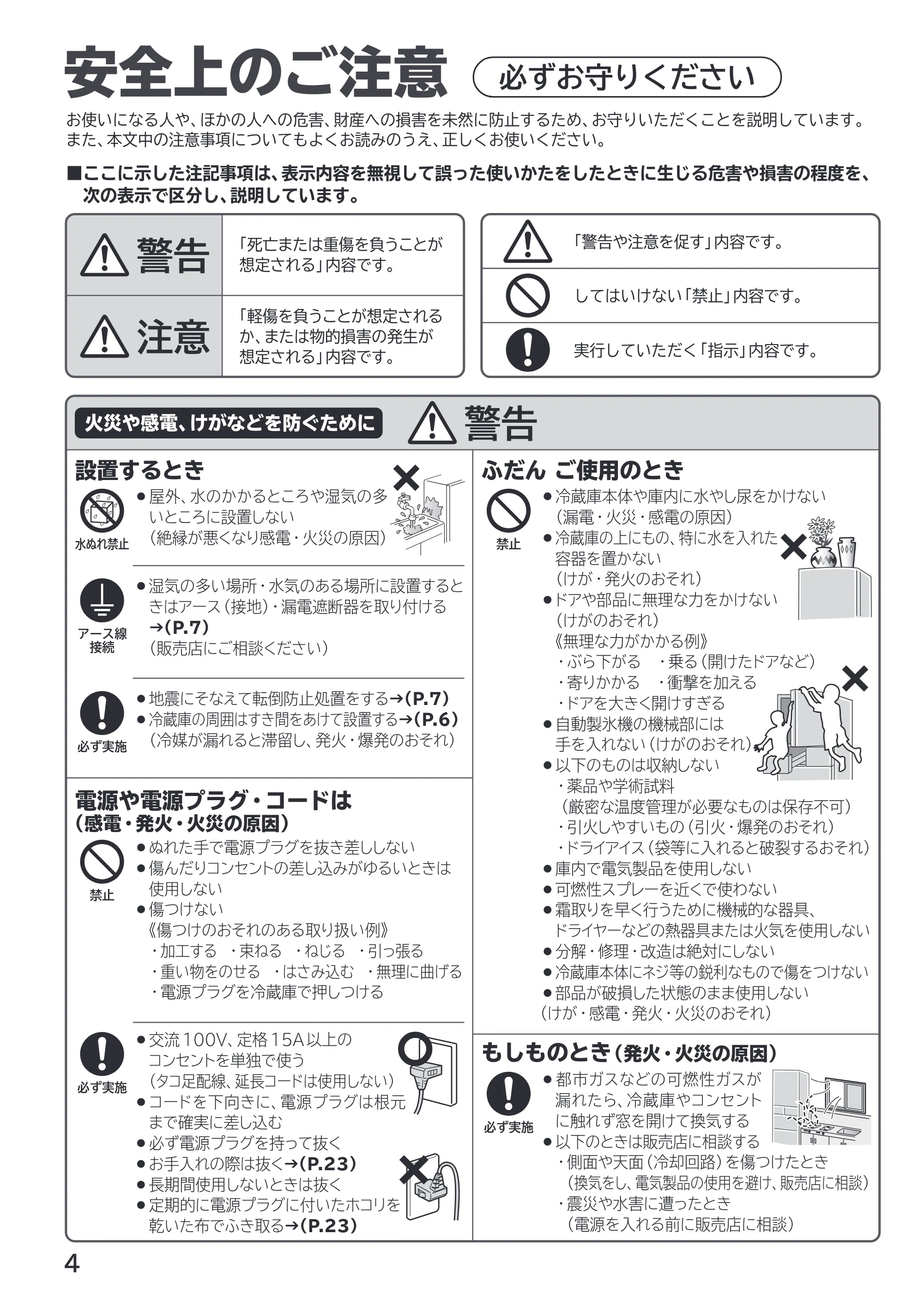 日立 R-HWS47X / R-HWS47XL 取扱説明書 — 安全上のご注意(必ずお守りください) — 原本ページ — 4ページ