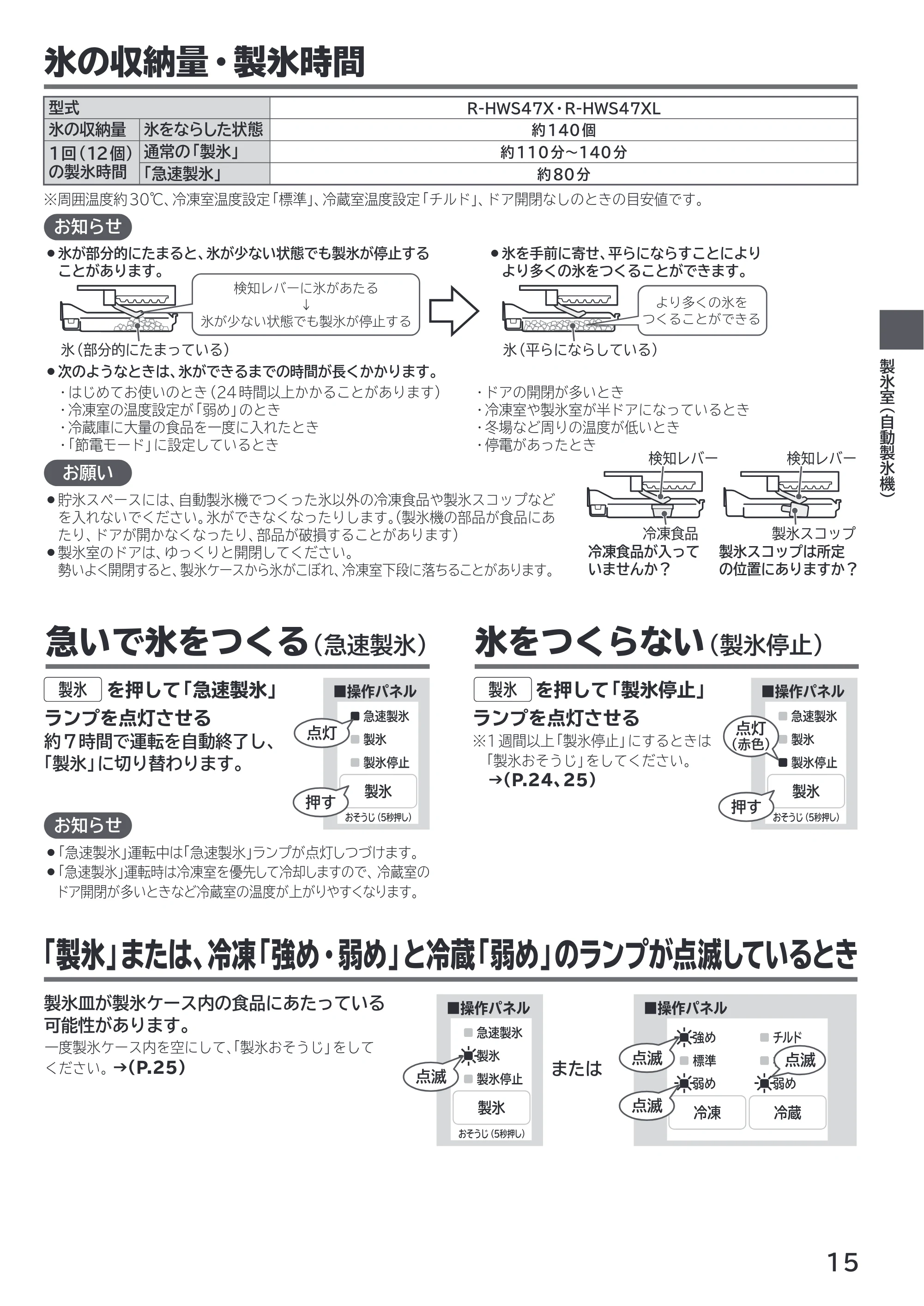 日立 R-HWS47X / R-HWS47XL 取扱説明書 — 氷の収納量・製氷時間 — 原本ページ — 15ページ