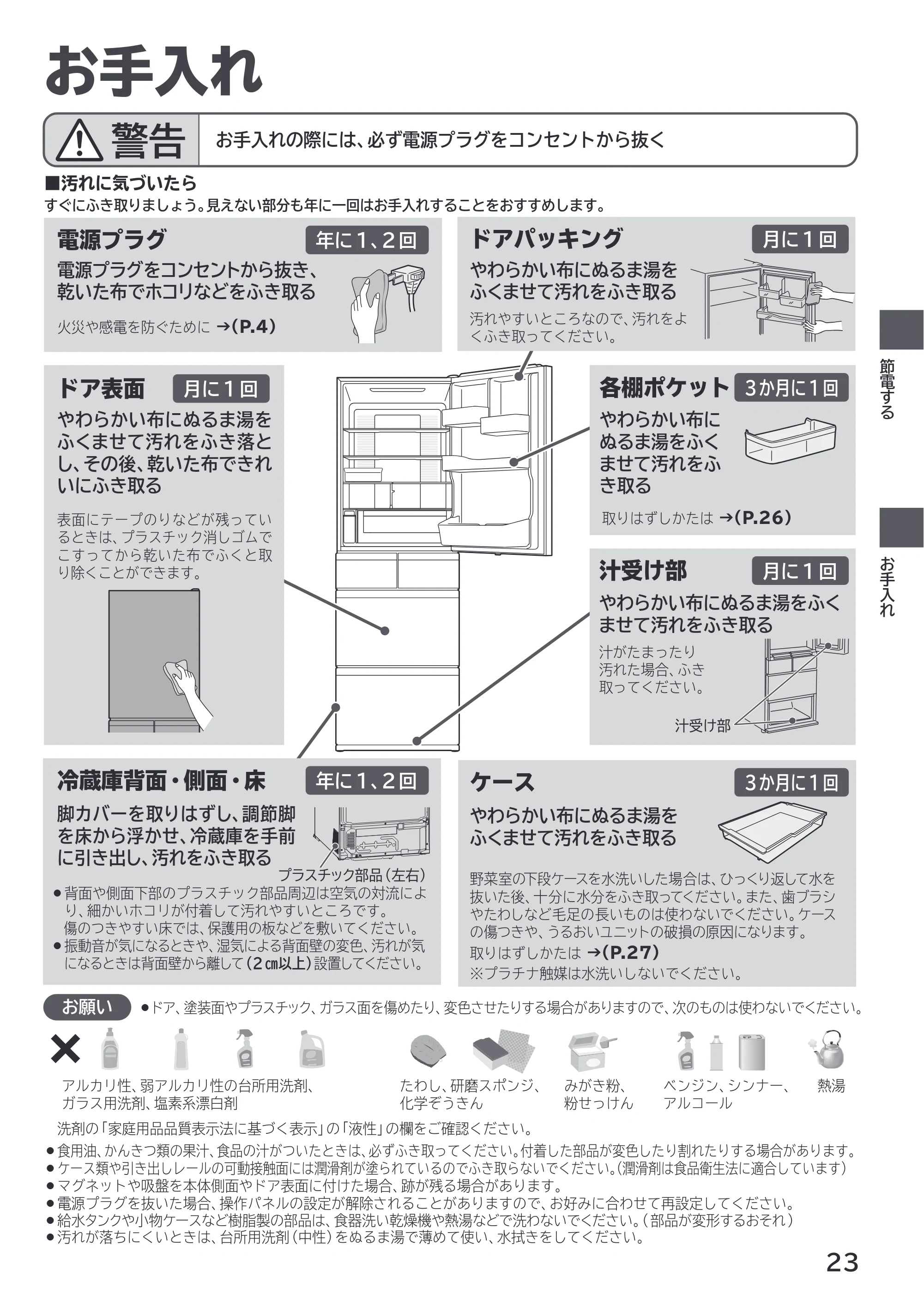 日立 R-HWS47X / R-HWS47XL 取扱説明書 — お手入れ — 原本ページ — 23ページ