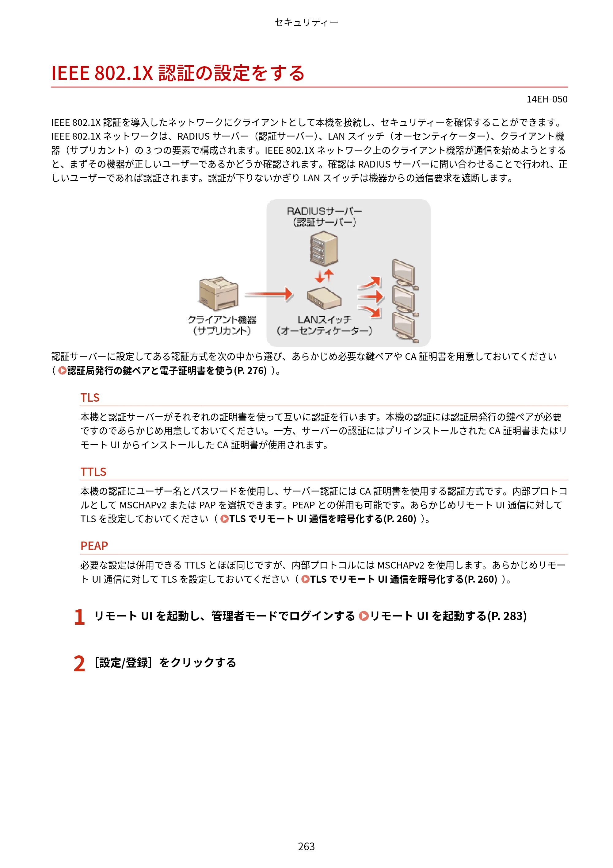 キヤノン MF244dw/MF242dw/MF232w ユーザーズガイド 2021年9月9日掲載（PDF：5.43MB） — IEEE 802.1X認証の設定をする — 原本ページ — 269ページ