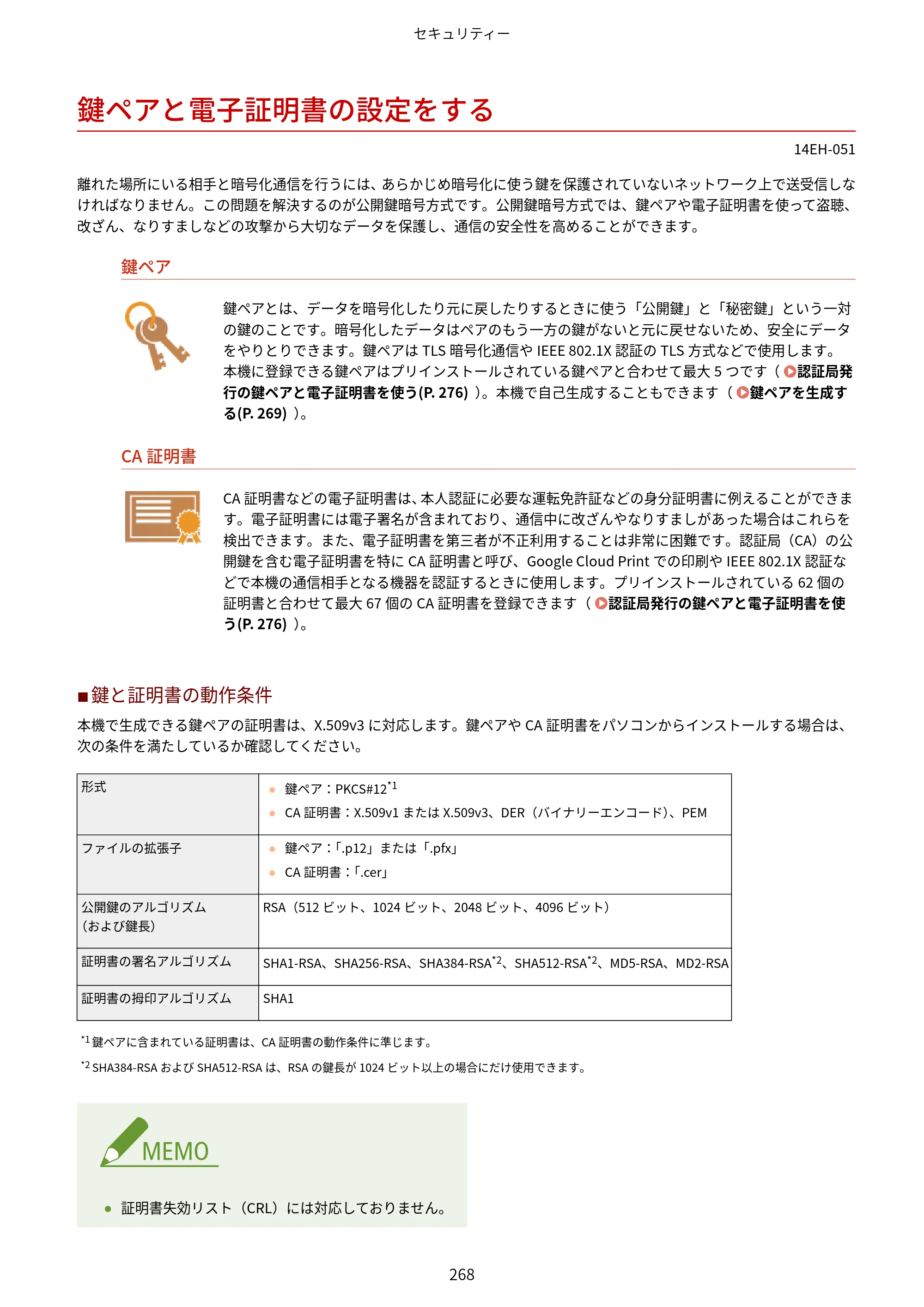 キヤノン MF244dw/MF242dw/MF232w ユーザーズガイド 2021年9月9日掲載（PDF：5.43MB） — 鍵ペアと電子証明書の設定をする — 原本ページ — 274ページ