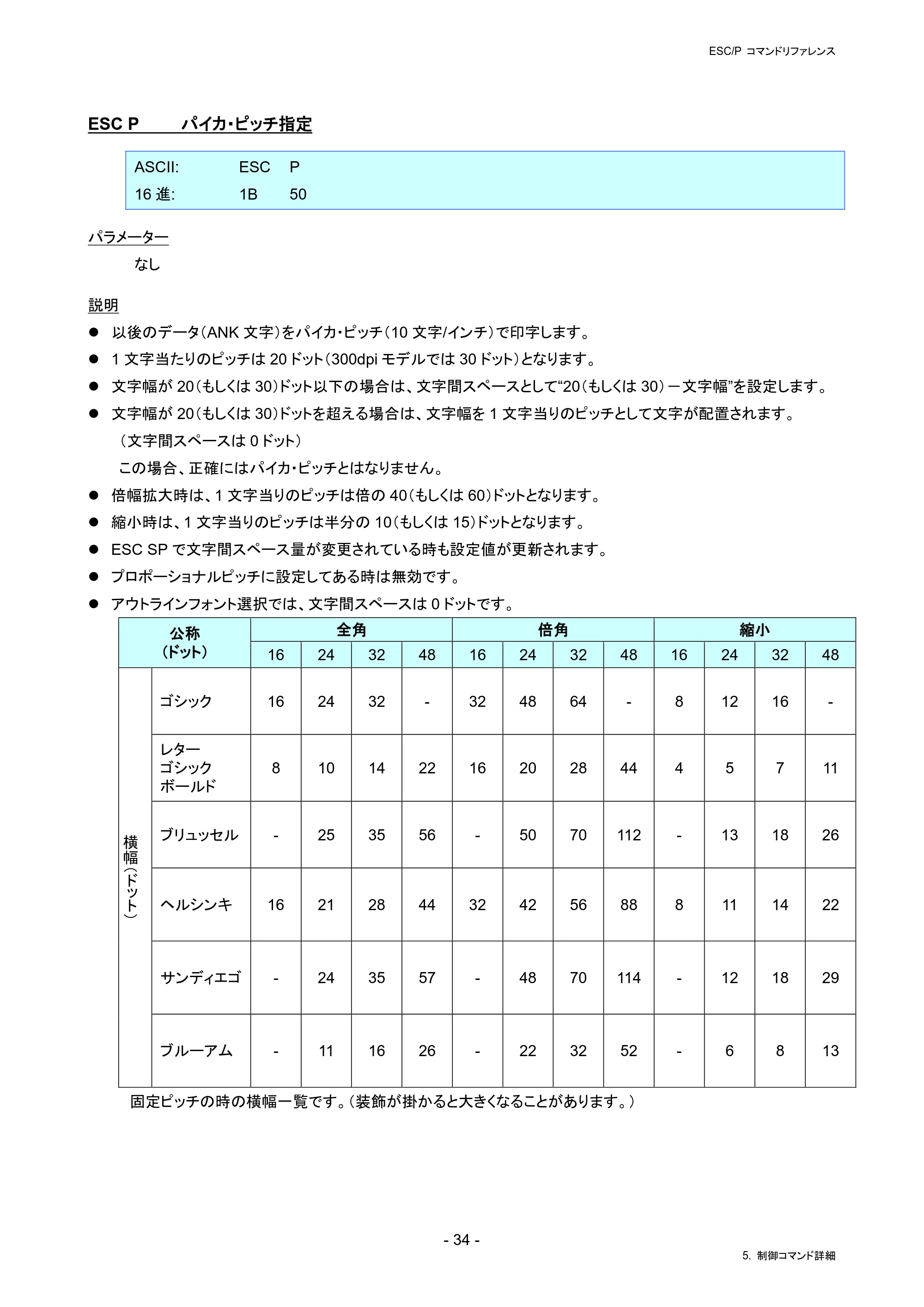 ブラザー PJ-823 / PJ-863 / PJ-883 ESC/ P Brother コマンドリファレンス — ESC P パイカ・ピッチ指定 — 原本ページ — 37ページ