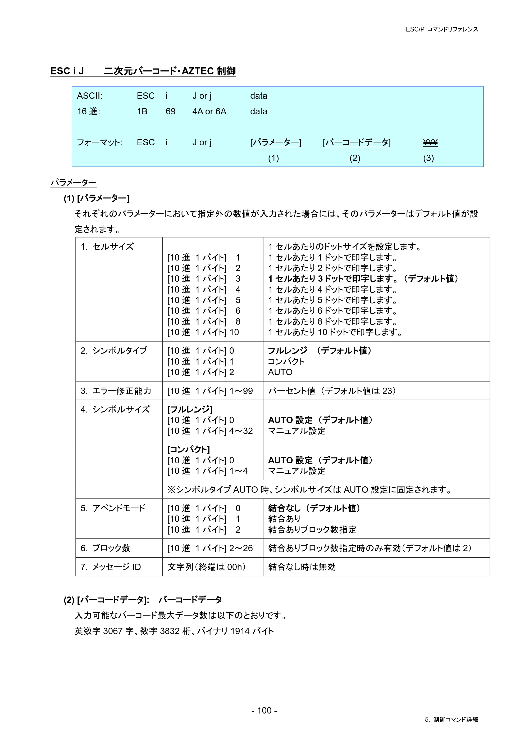 ブラザー PJ-823 / PJ-863 / PJ-883 ESC/ P Brother コマンドリファレンス — ESC i J 二次元バーコード・AZTEC制御 — 原本ページ — 103ページ