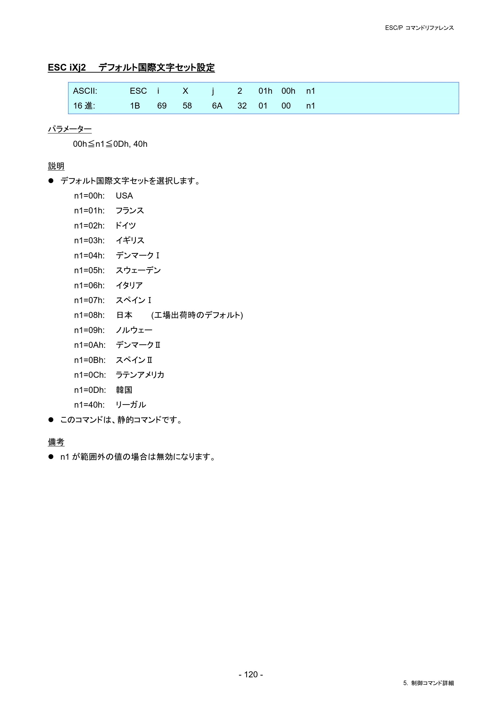ブラザー PJ-823 / PJ-863 / PJ-883 ESC/ P Brother コマンドリファレンス — ESC iXj2 デフォルト国際文字セット設定 — 原本ページ — 123ページ