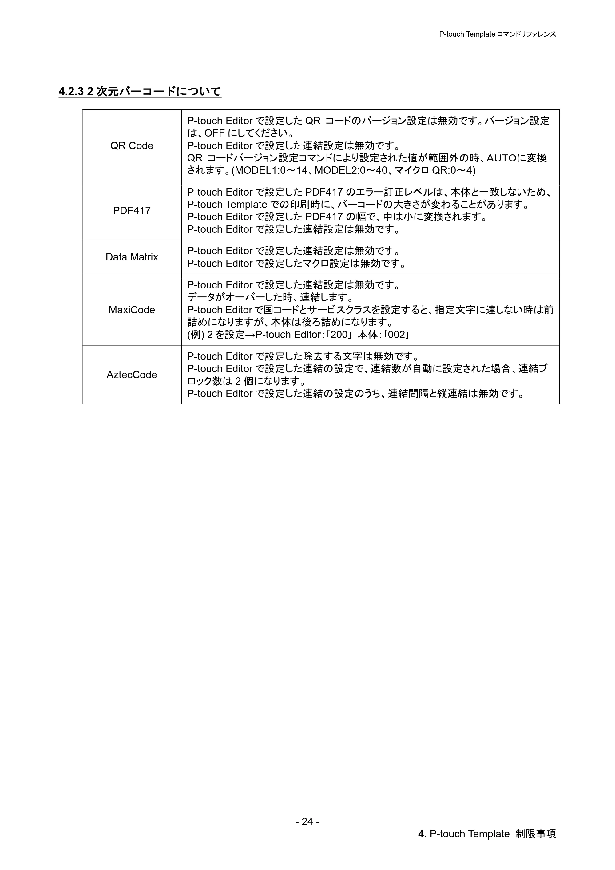 ブラザー PT-P900W / PT-P950NW P-touch テンプレートマニュアル / コマンドリファレンス — 4.2.3 2次元バーコードについて — 原本ページ — 30ページ