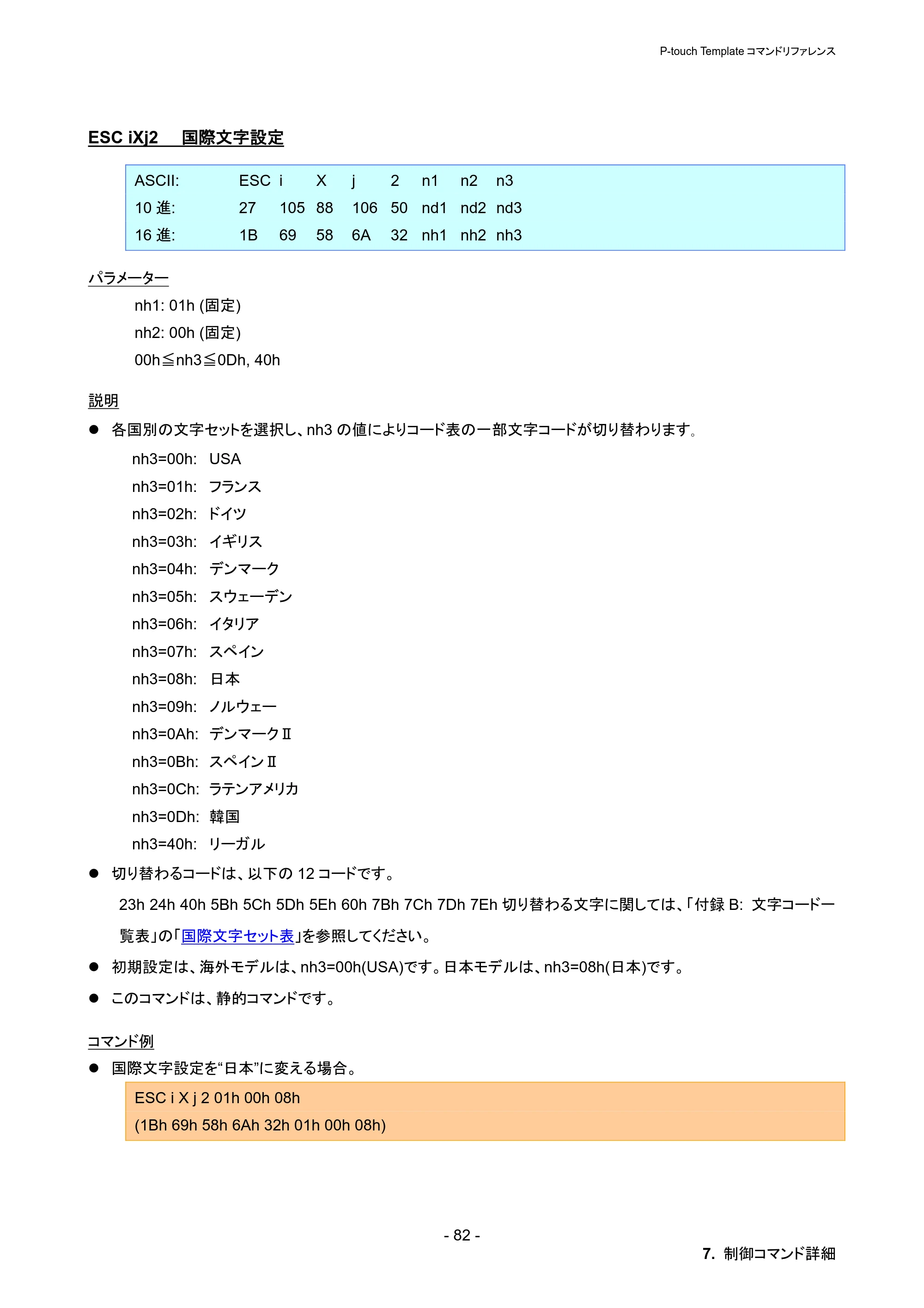 ブラザー PT-P900W / PT-P950NW P-touch テンプレートマニュアル / コマンドリファレンス — ESC iXj2 国際文字設定 — 原本ページ — 88ページ