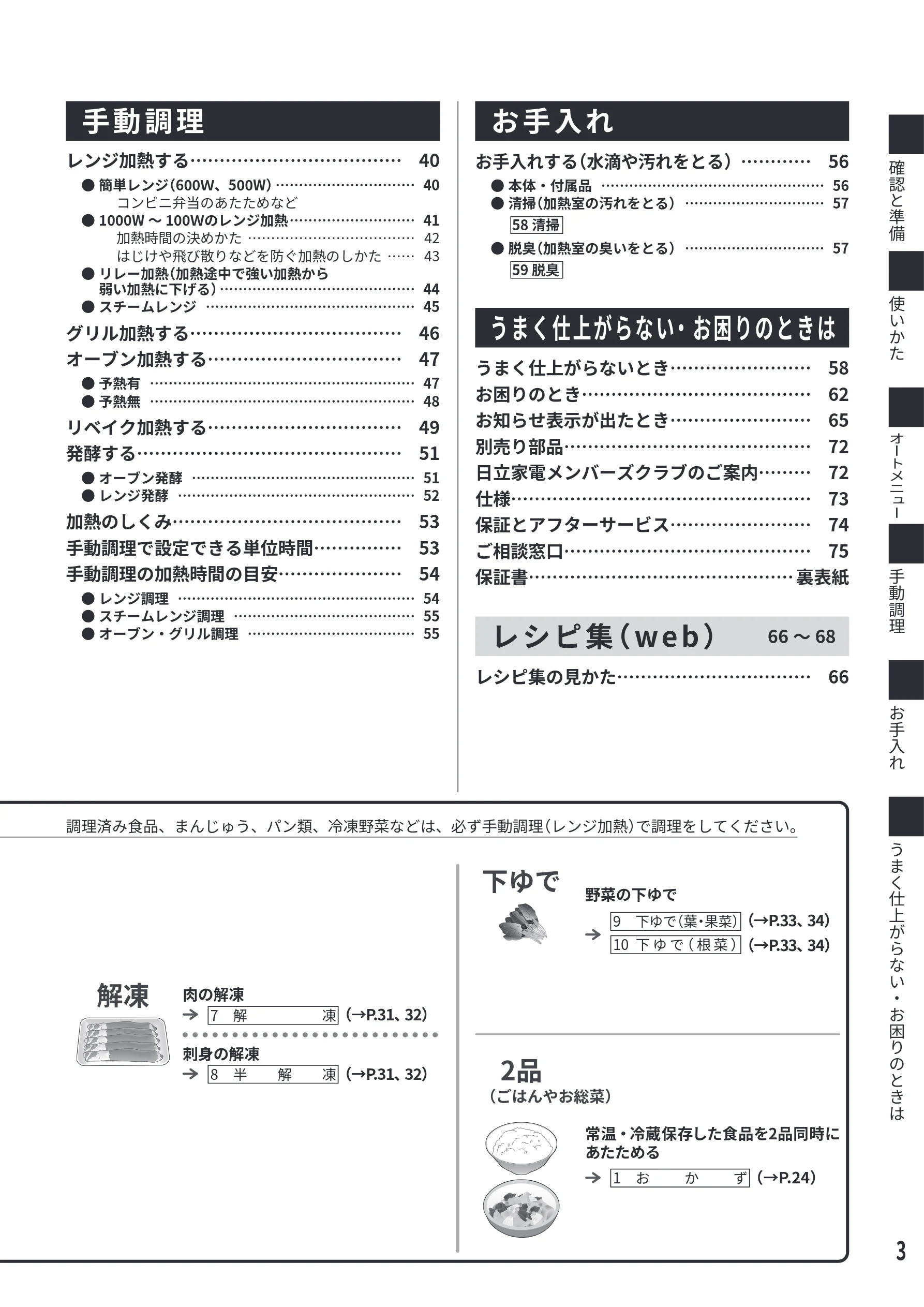 日立 MRO-S7E 取扱説明書 — 手動調理 お手入れ — 図版 3-1 — 3ページ