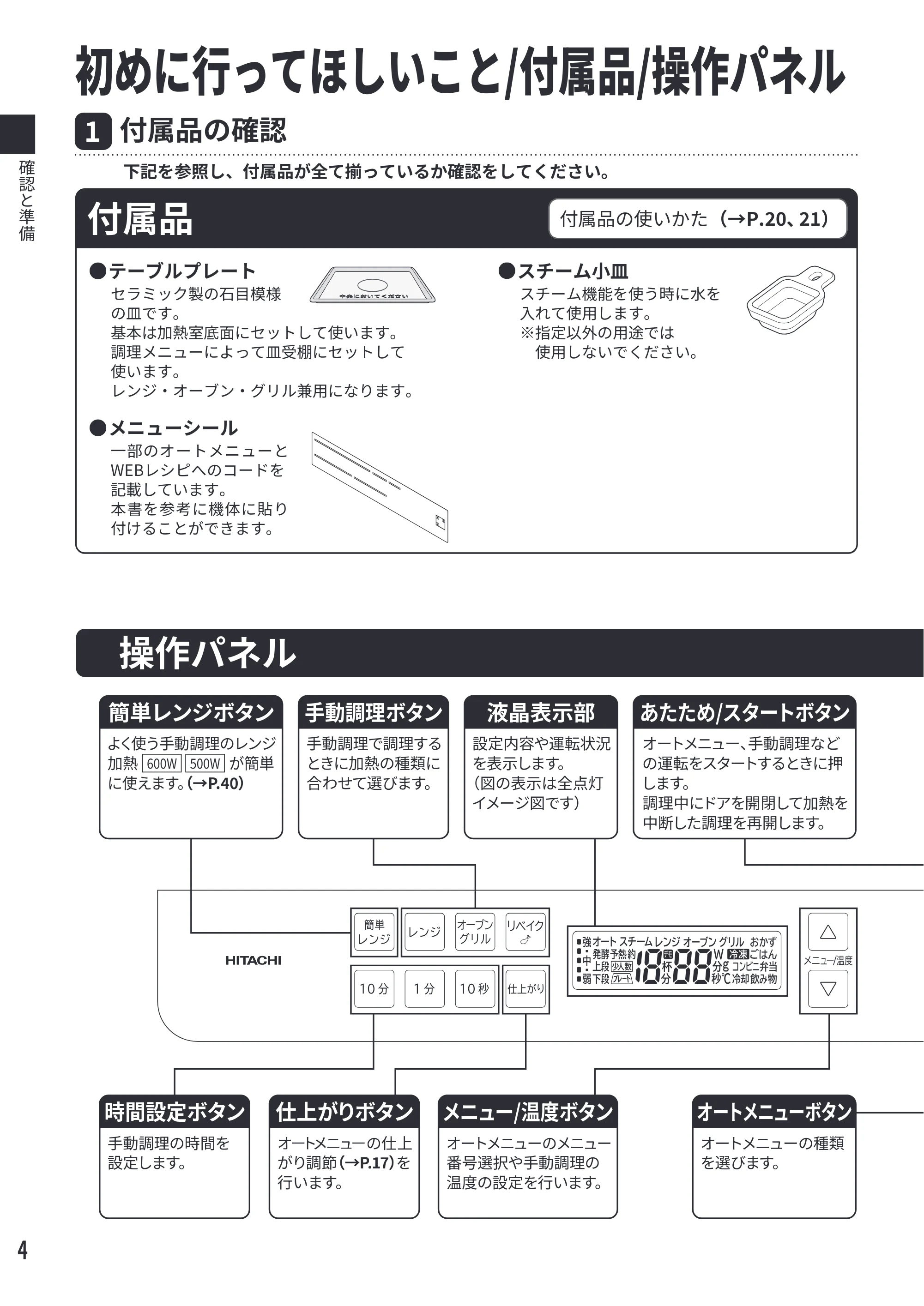 日立 MRO-S7E 取扱説明書 — 確認と準備 — 原本ページ — 4ページ