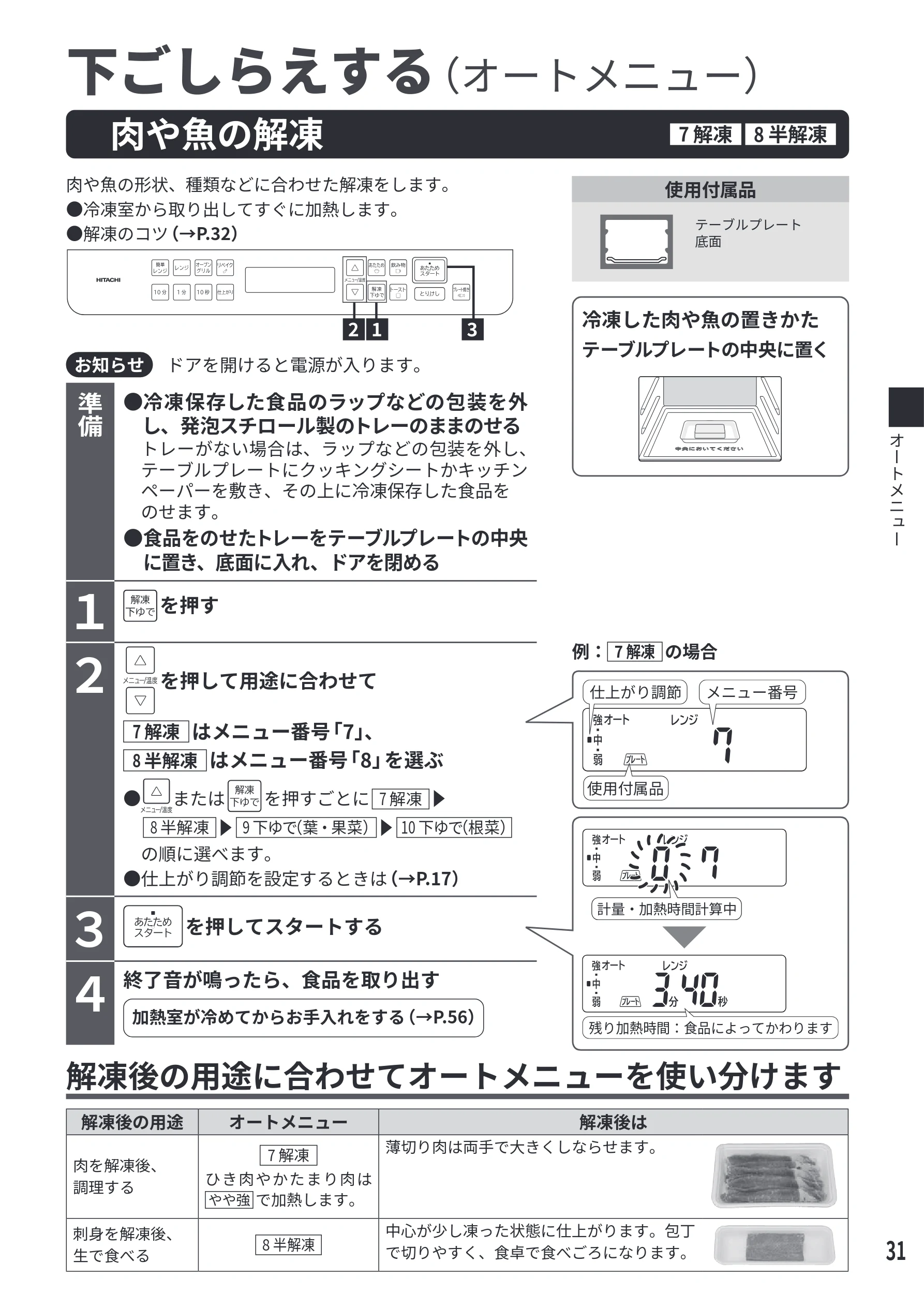 日立 MRO-S7E 取扱説明書 — 肉や魚の解凍 下ごしらえする(オートメニュー) — 図版 31-1 — 31ページ
