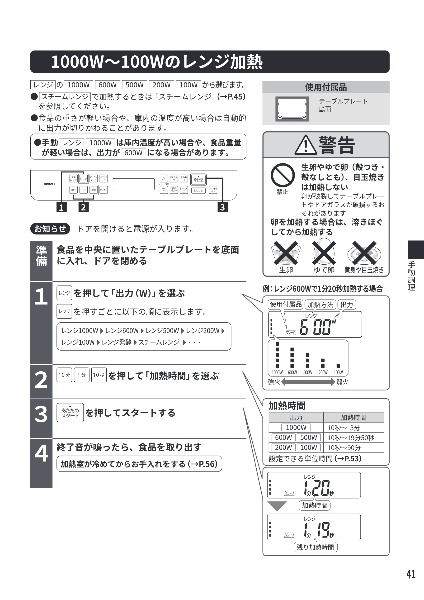 日立 MRO-S7E 取扱説明書 — 1000W~100Wのレンジ加熱 — 図版 41-1 — 41ページ