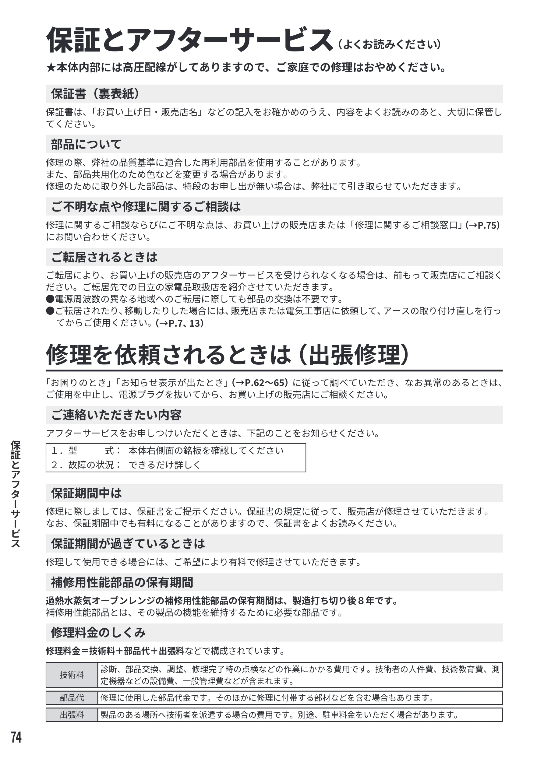 日立 MRO-S7E 取扱説明書 — 保証とアフターサービス — 図版 74-1 — 74ページ