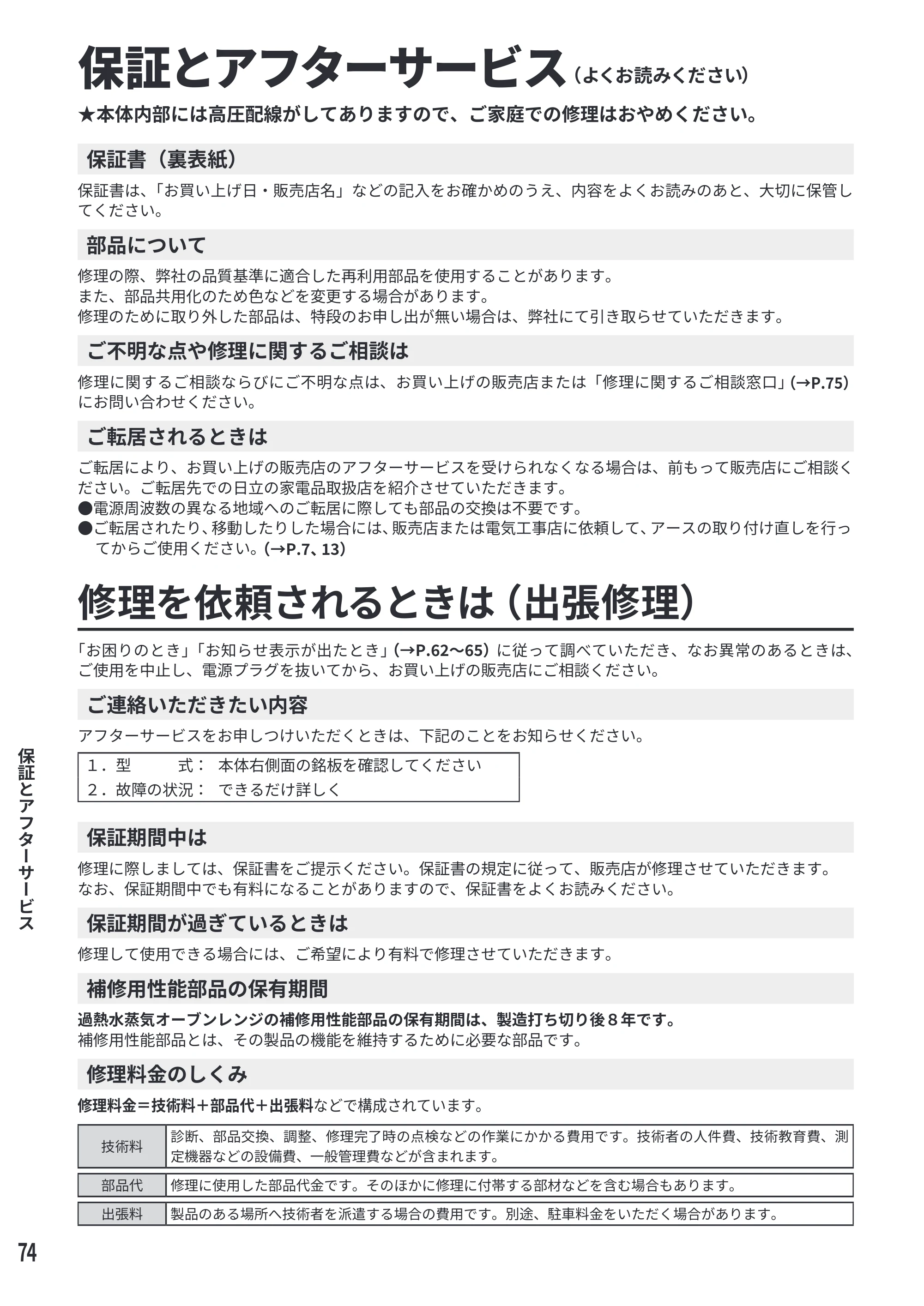 日立 MRO-S7E 取扱説明書 — 保証とアフターサービス — 原本ページ — 74ページ