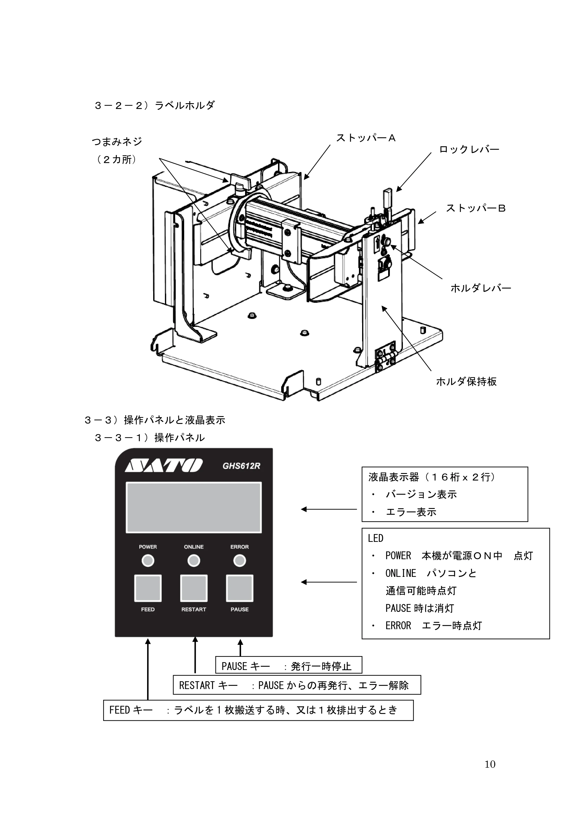 サトー GHS612R / HS612R GHS612RⅡ 取扱説明書（第10版） — ３－２－２）ラベルホルダ — 原本ページ — 10ページ