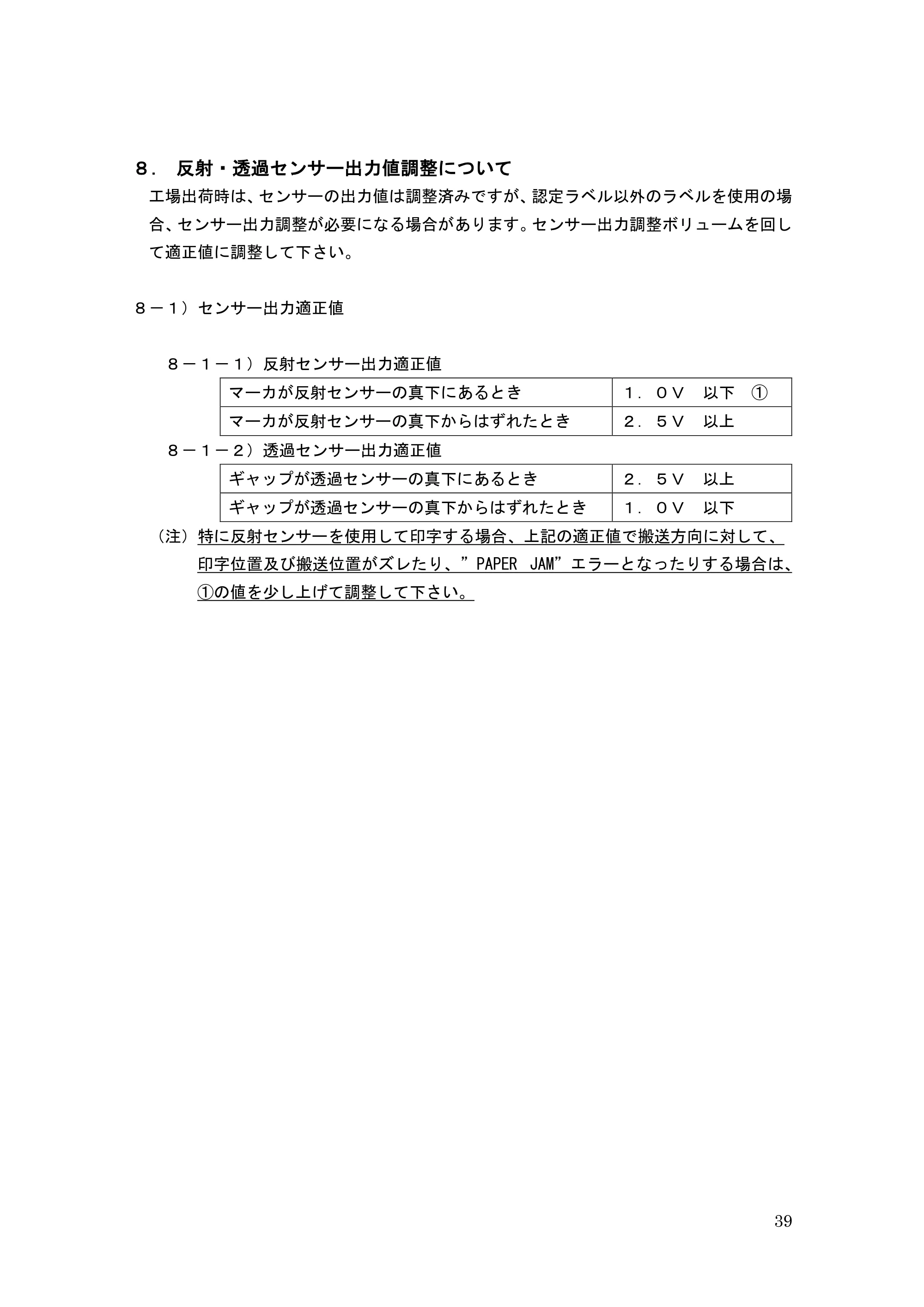 サトー GHS612R / HS612R GHS612RⅡ 取扱説明書（第10版） — ８．反射・透過センサー出力値調整について — 原本ページ — 39ページ