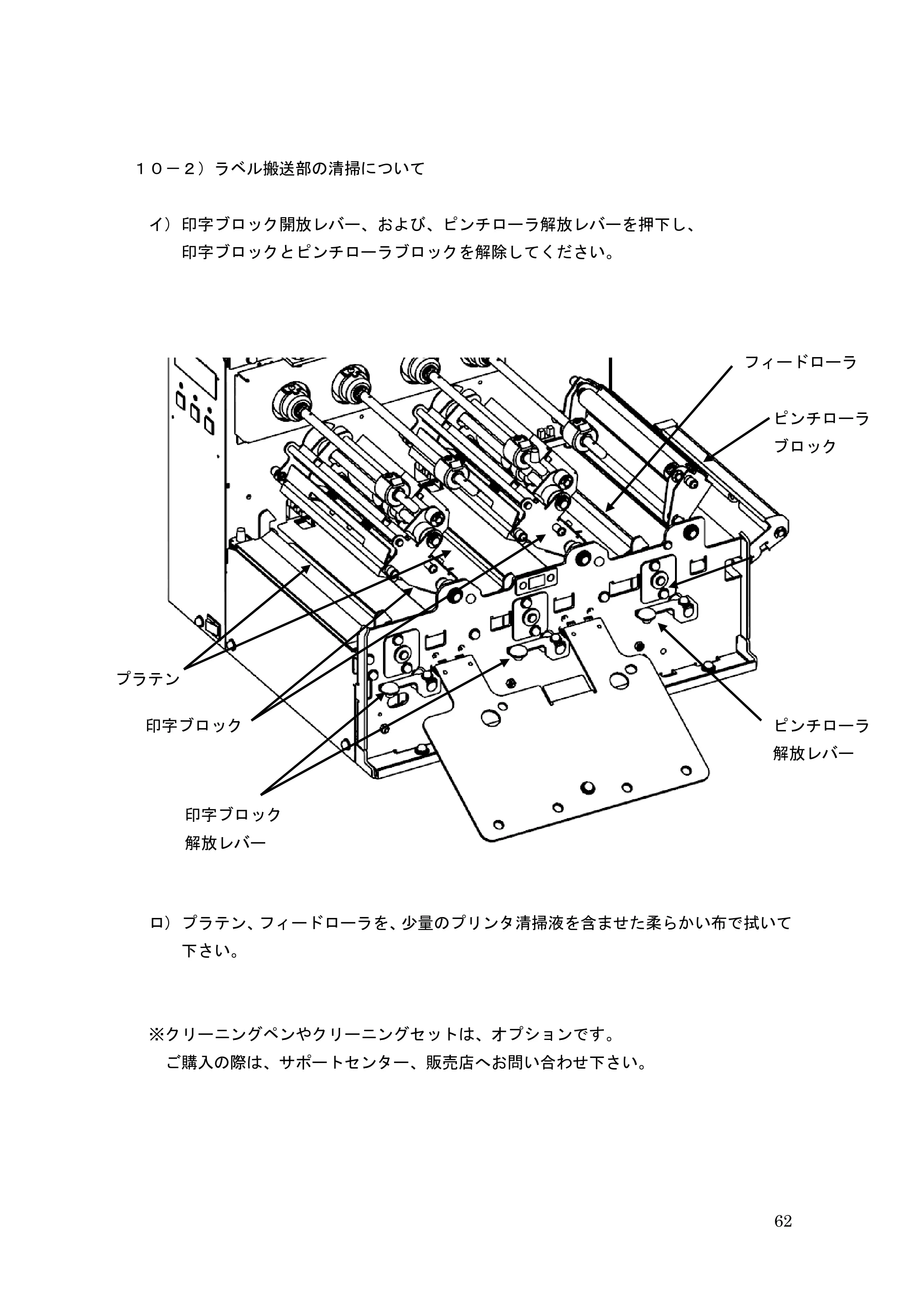 サトー GHS612R / HS612R GHS612RⅡ 取扱説明書（第10版） — １０－２）ラベル搬送部の清掃について — 原本ページ — 62ページ