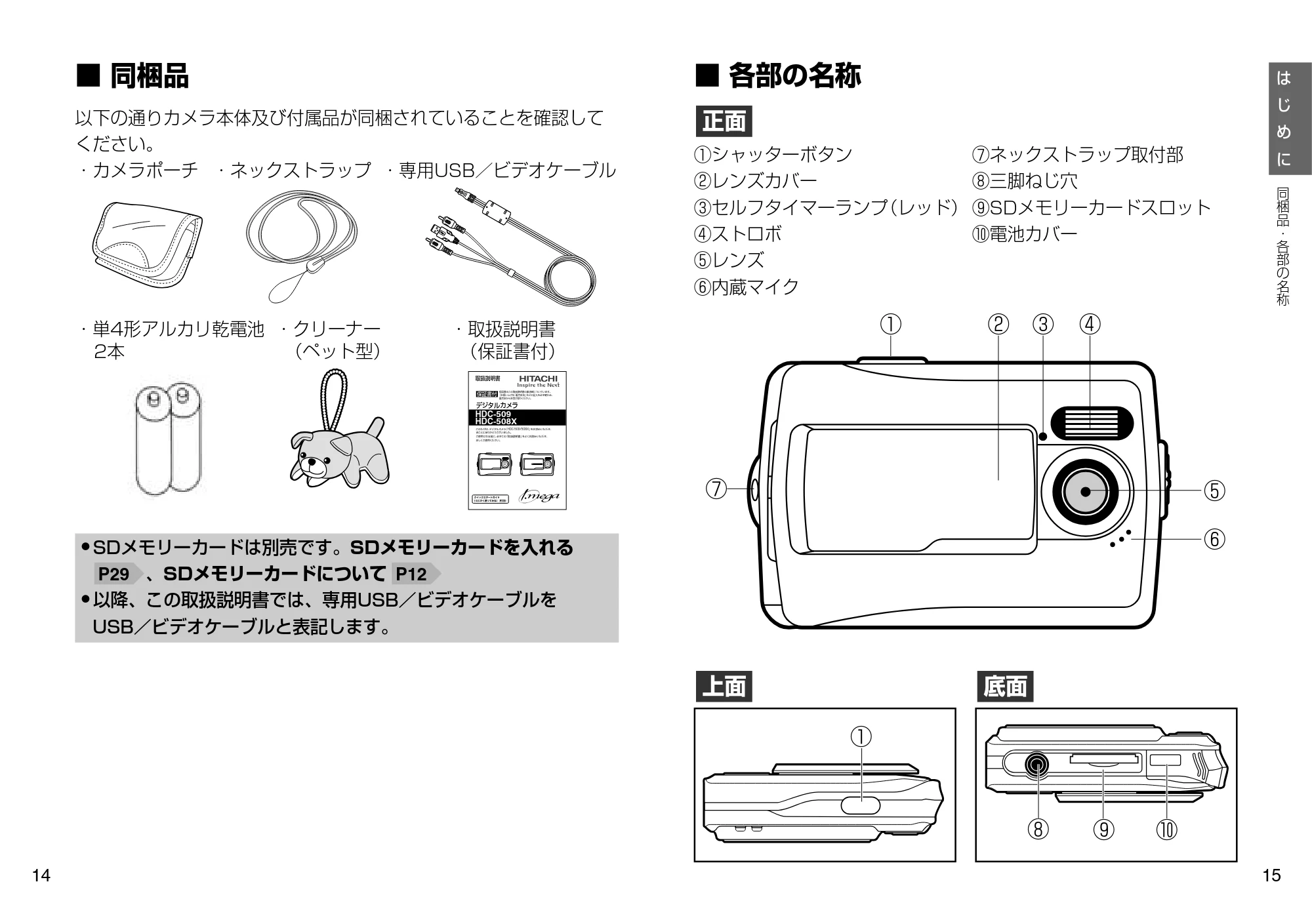 日立 HDC-509 / HDC-508X 取扱説明書 — 同梱品 — 原本ページ — 8ページ