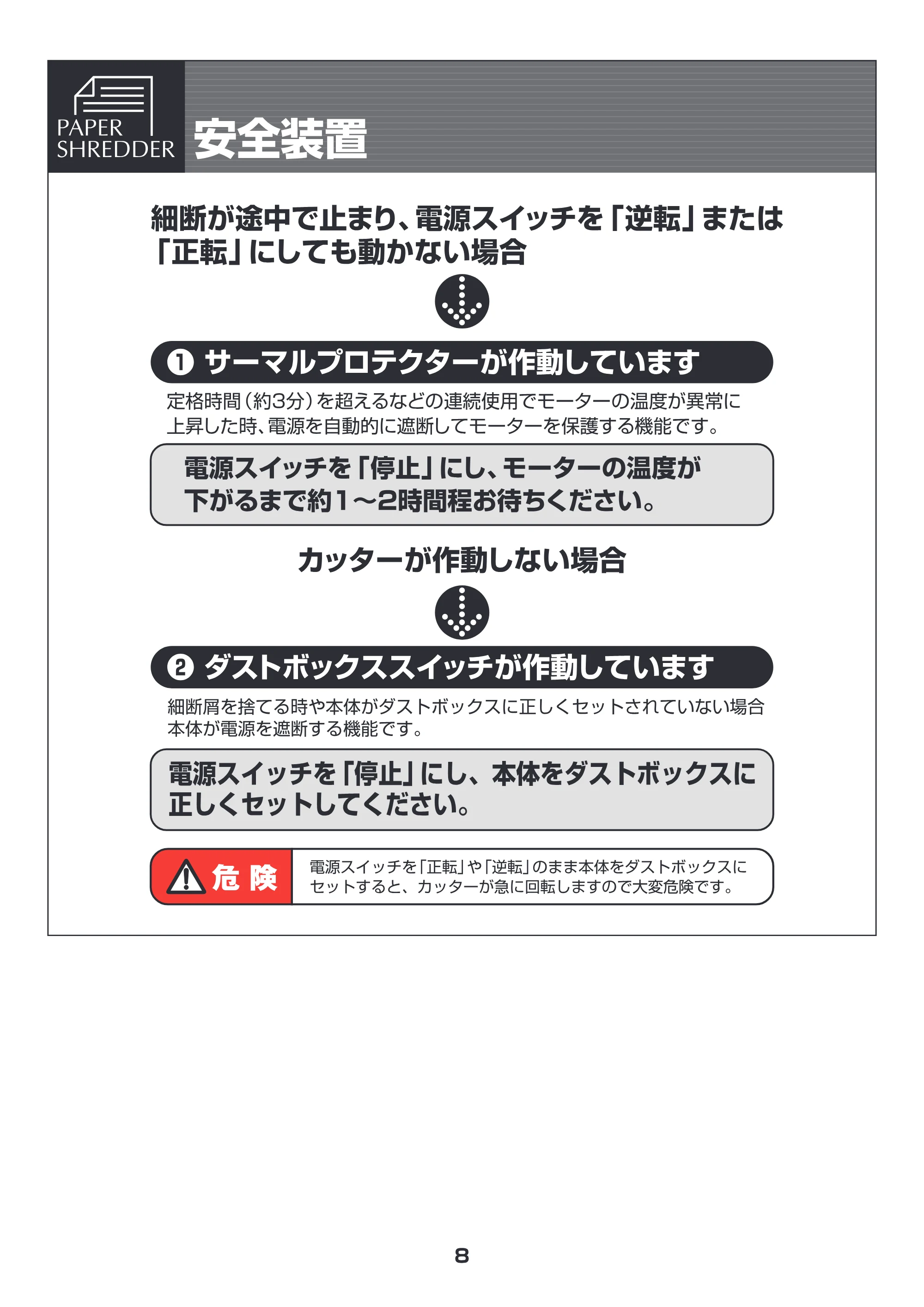 アイリスオーヤマ ペーパーシュレッダー P5HW 取扱説明書 — 原本ページ — 8ページ