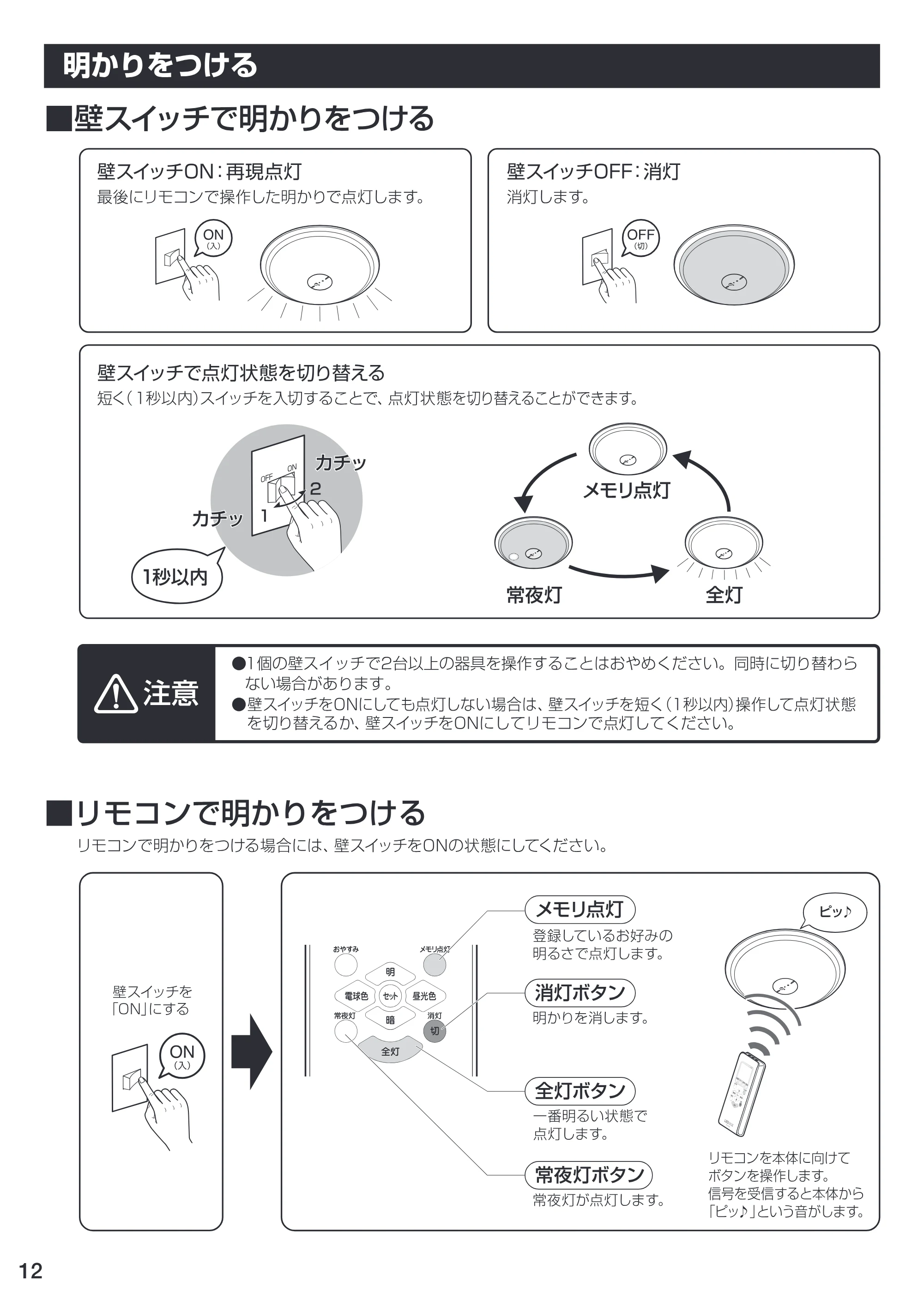 アイリスオーヤマ CL12DL-PHSL 取扱説明書 — 壁スイッチで点灯状態を切り替える 短く( 1 秒以内)スイッチを入切することで、点灯状態を切り替えることができます。 — 原本ページ — 12ページ