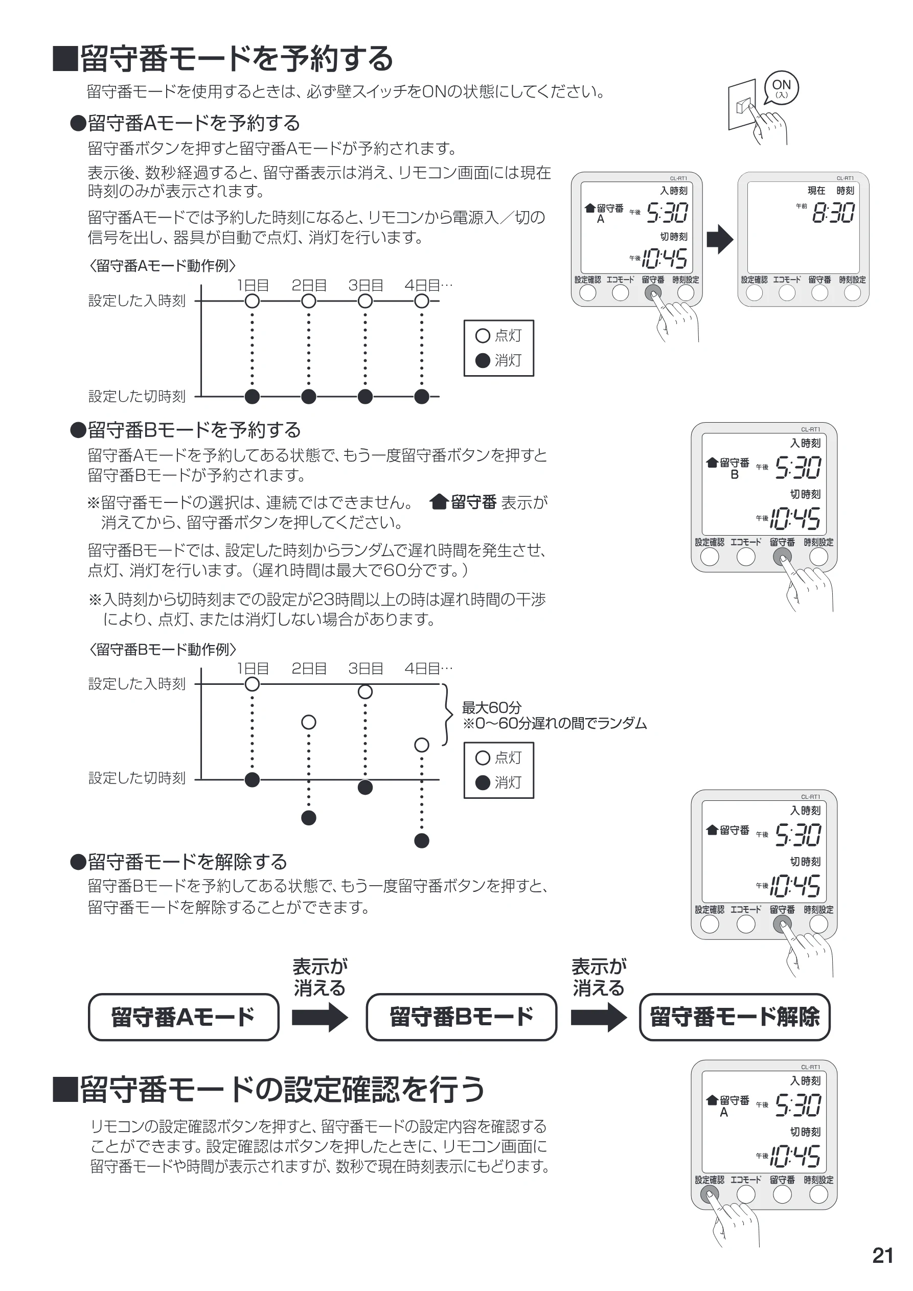アイリスオーヤマ CL12DL-PHSL 取扱説明書 — 1 日目2日目388 4日 目… 設定した入時諸 〇ーーーーー 〇ーーーー : : 最大60分 : O : 1 ※060分遅れの間でランダム — 図版 21-1 — 21ページ